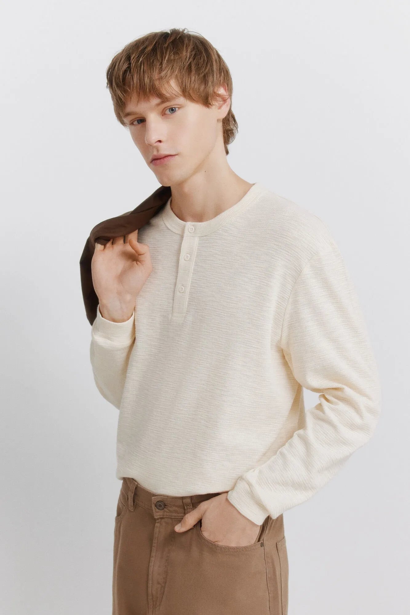 Springfield White Men Checked Placket Long Sleeve T-Shirt SKU: 0223737_97 Image 01