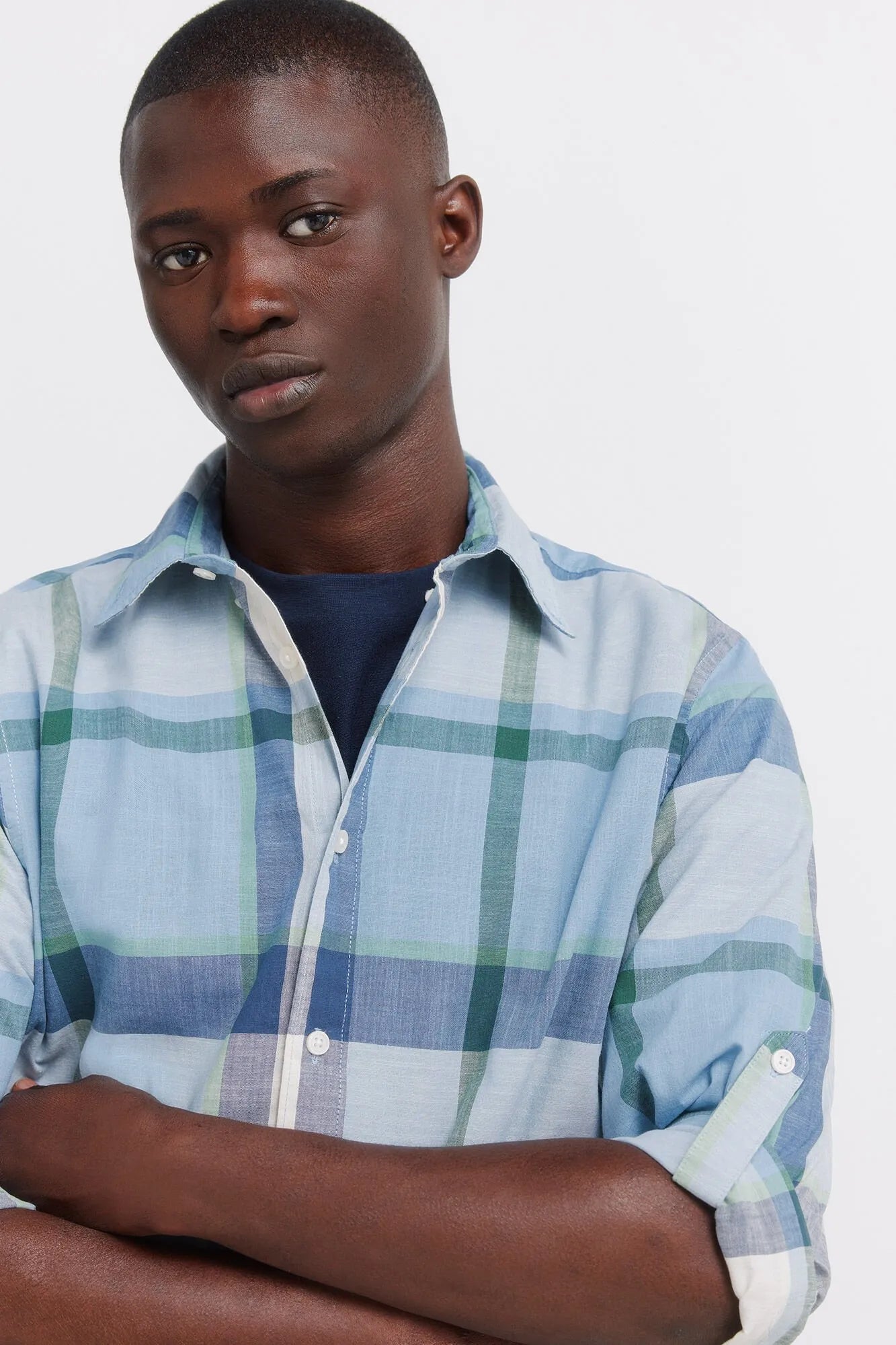 Springfield Blue Men Cotton Lightweight Plaid Shirt SKU: 0333125_16 Image 02