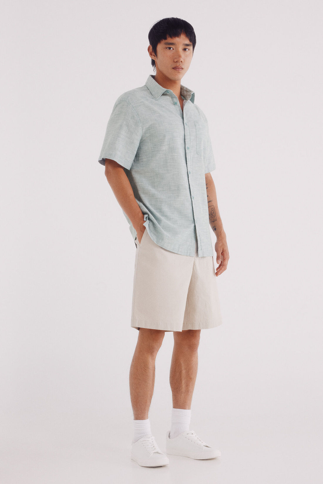 Springfield_Green_Short Sleeve Sleeved Linen Shirt_0342086_27_02