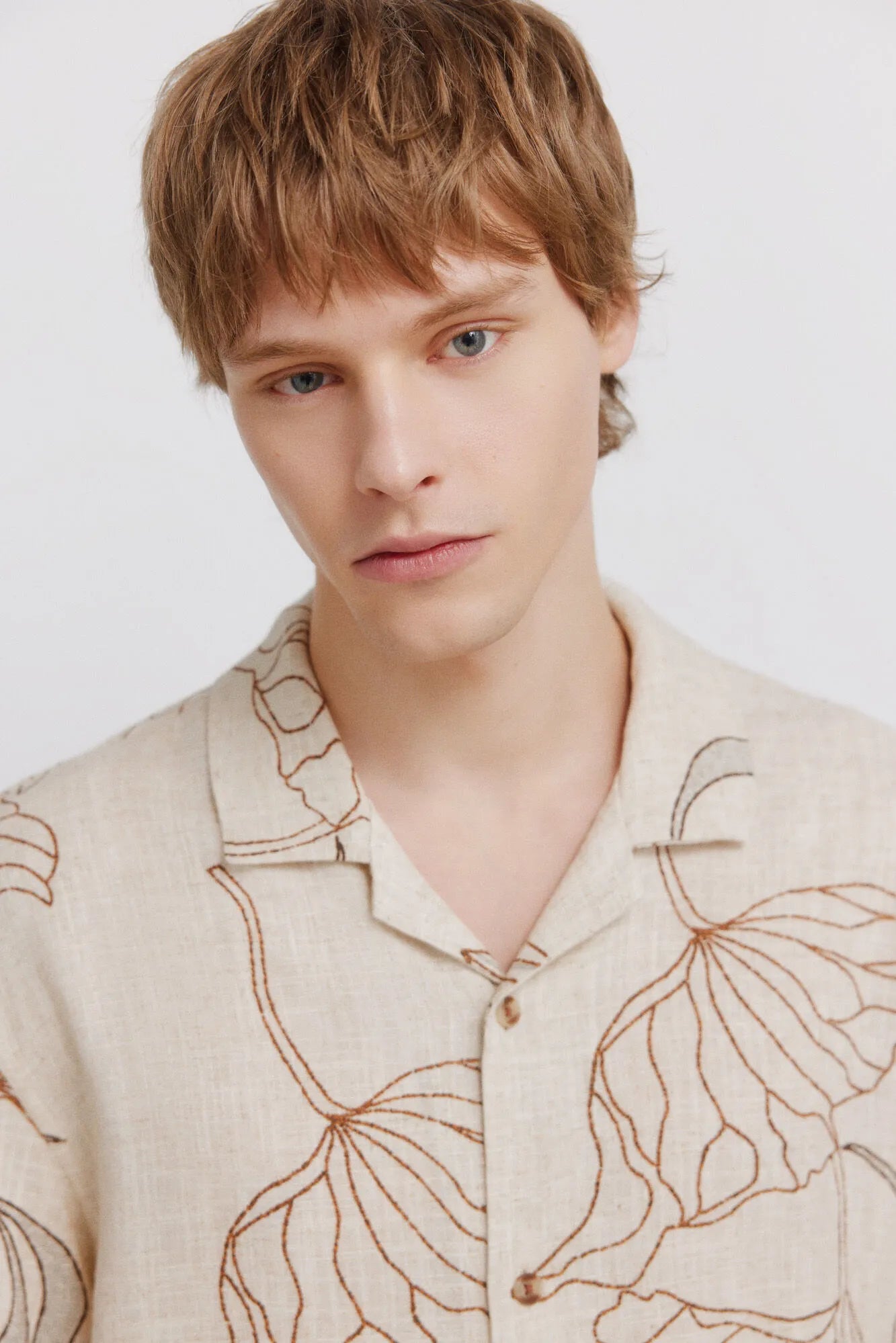 Springfield Beige Men Printed Linen Viscose Short Sleeve Shirt SKU: 0543019_51 Image 03