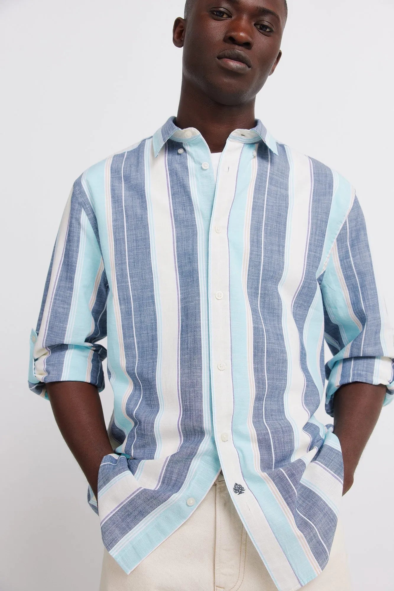 Springfield Blue Men Striped Cotton Shirt SKU: 0943172_12 Image 02