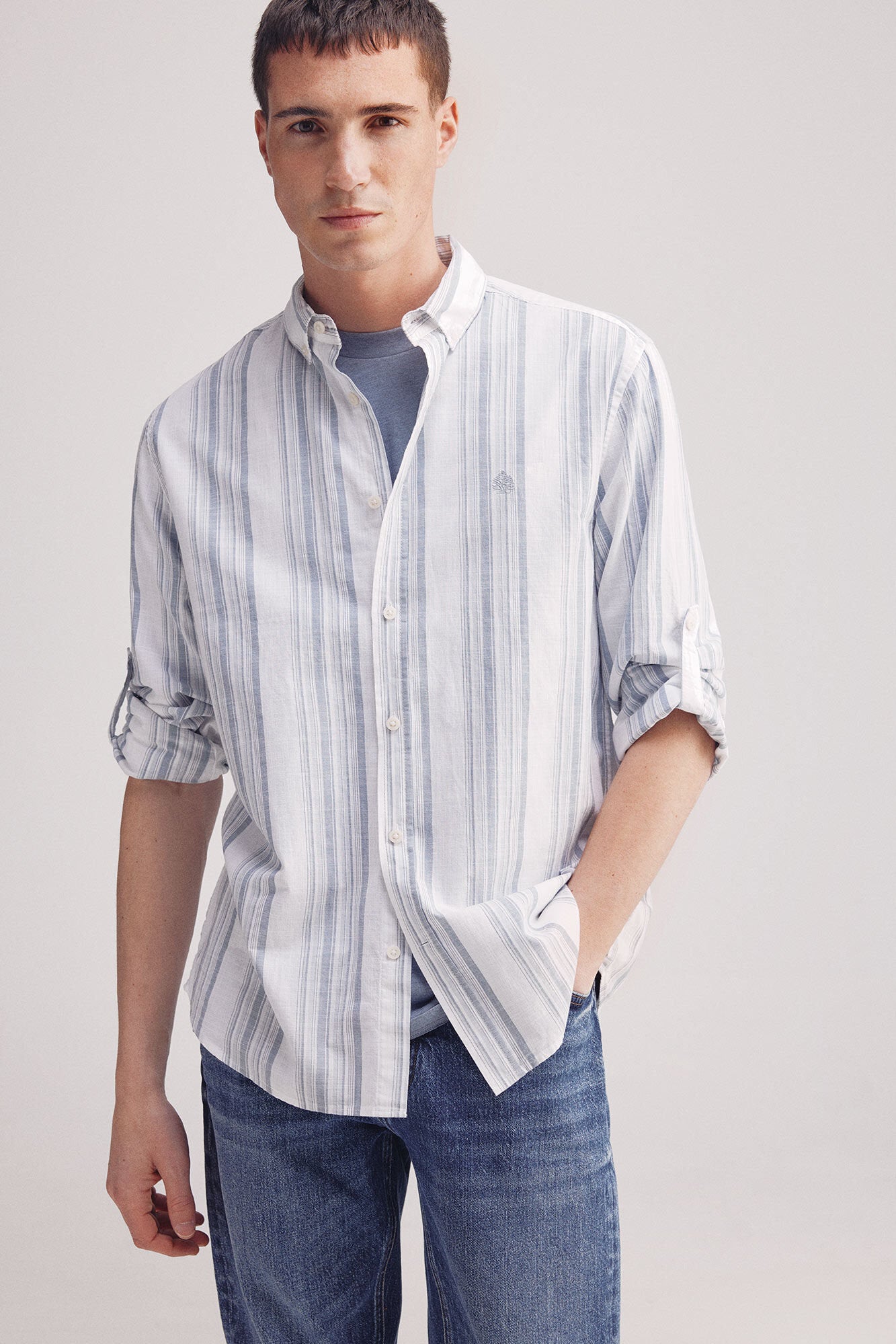 Springfield_Slub Cotton Striped Shirt_0949536_15_01