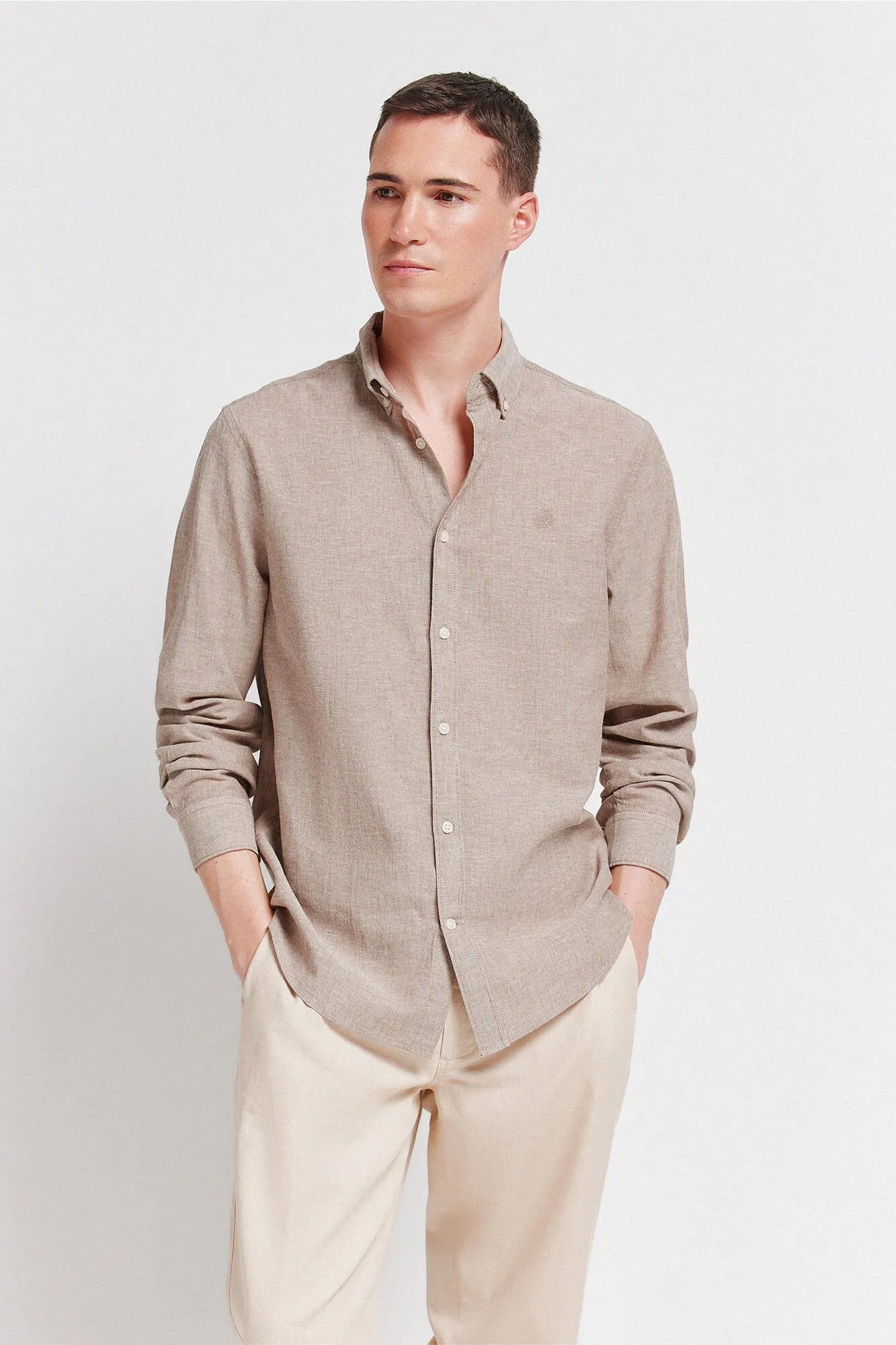 Springfield Beige Men Linen Shirt SKU: 0993387_37 Image 01