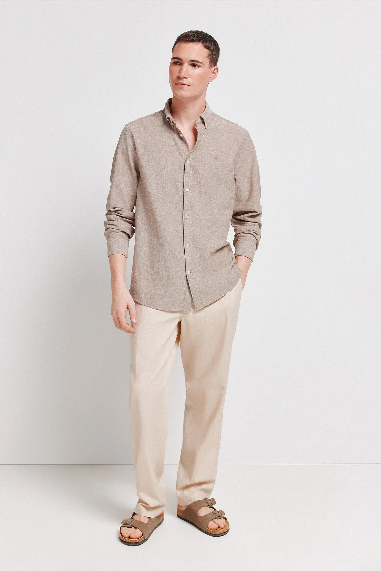 Springfield Beige Men Linen Shirt SKU: 0993387_37 Image 02