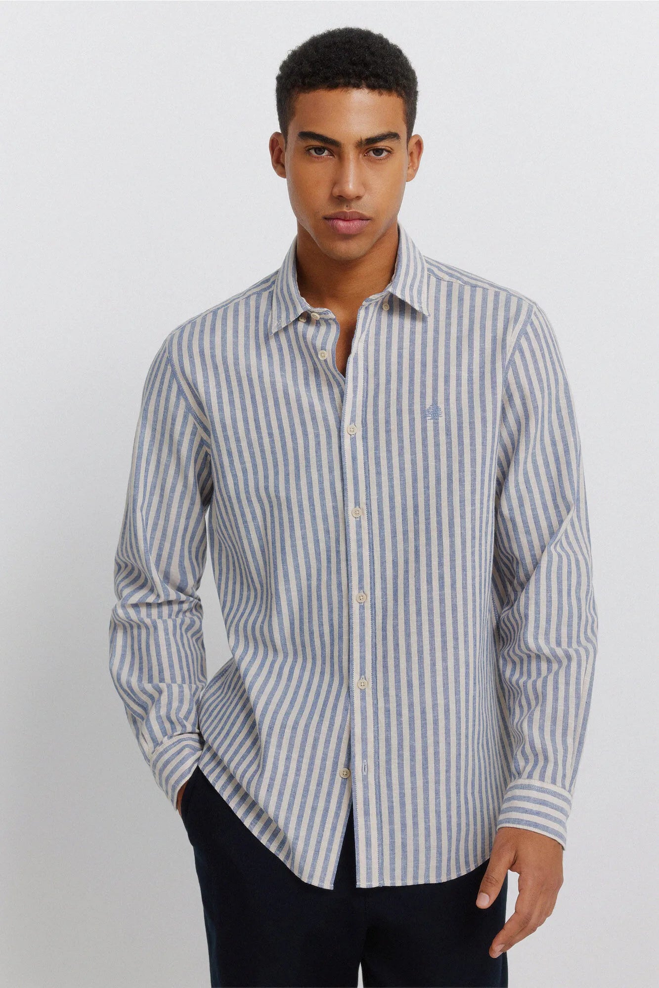 Springfield Blue Men Striped Linen Shirt SKU: 0993399_12 Image 01