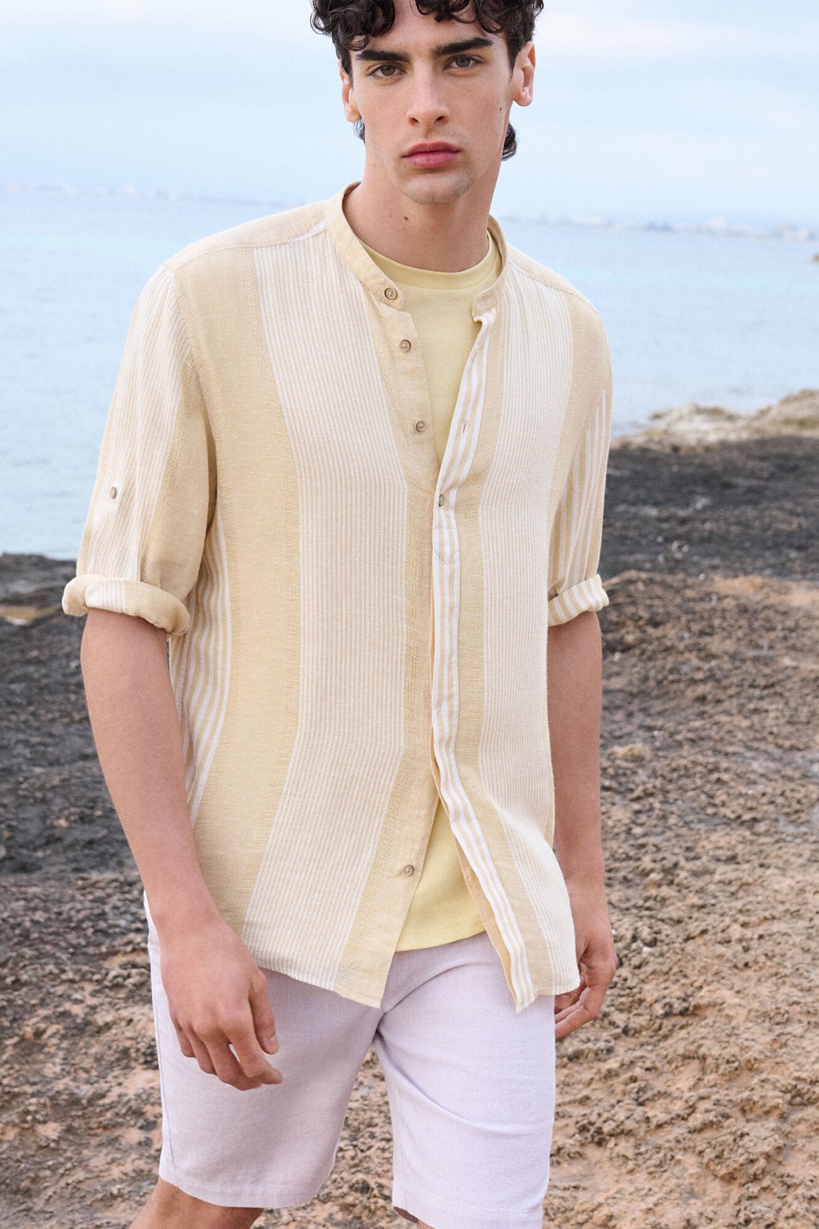 Springfield_Mao Shirt 3/4 Linen Viscose Striped_0999065_05_01