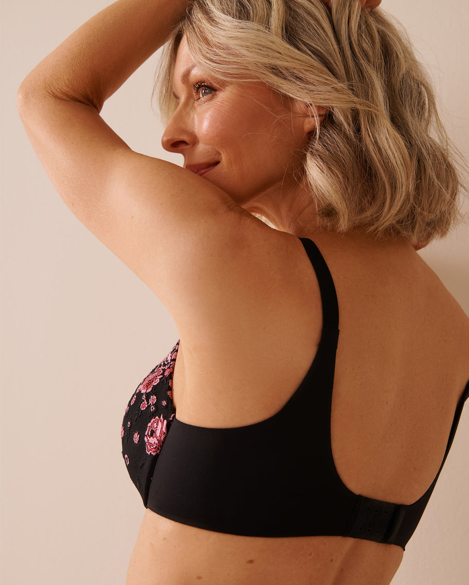 La Vie en Rose_Pink & Black Flowers_Lightly Lined Sleek Back Bra in Different Cup Sizes_10200512_P00434_03