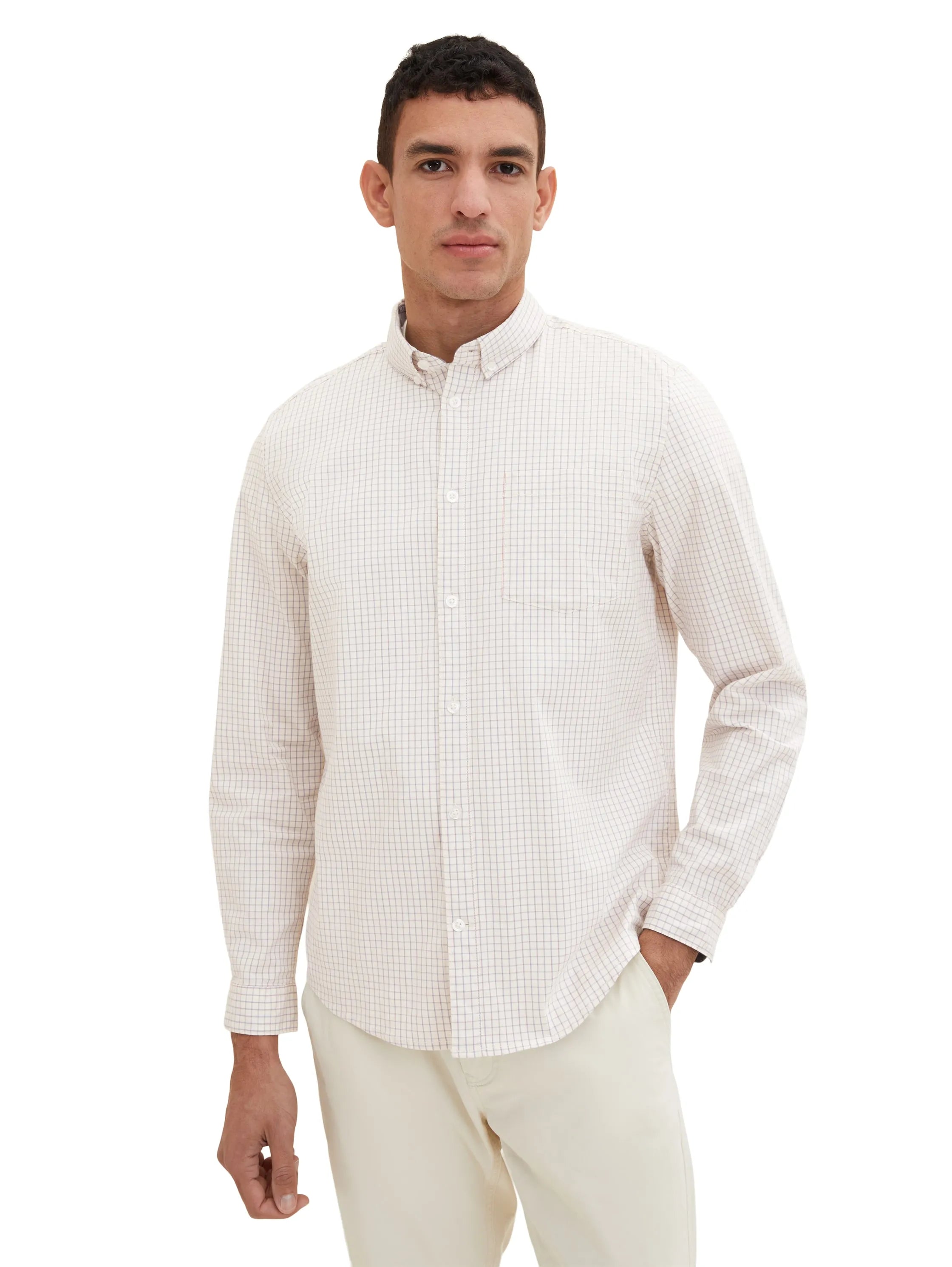 Tom Tailor Off White Peach Orange Check Men Shirt in a Checked Pattern SKU: 1034882_31168 Image 05