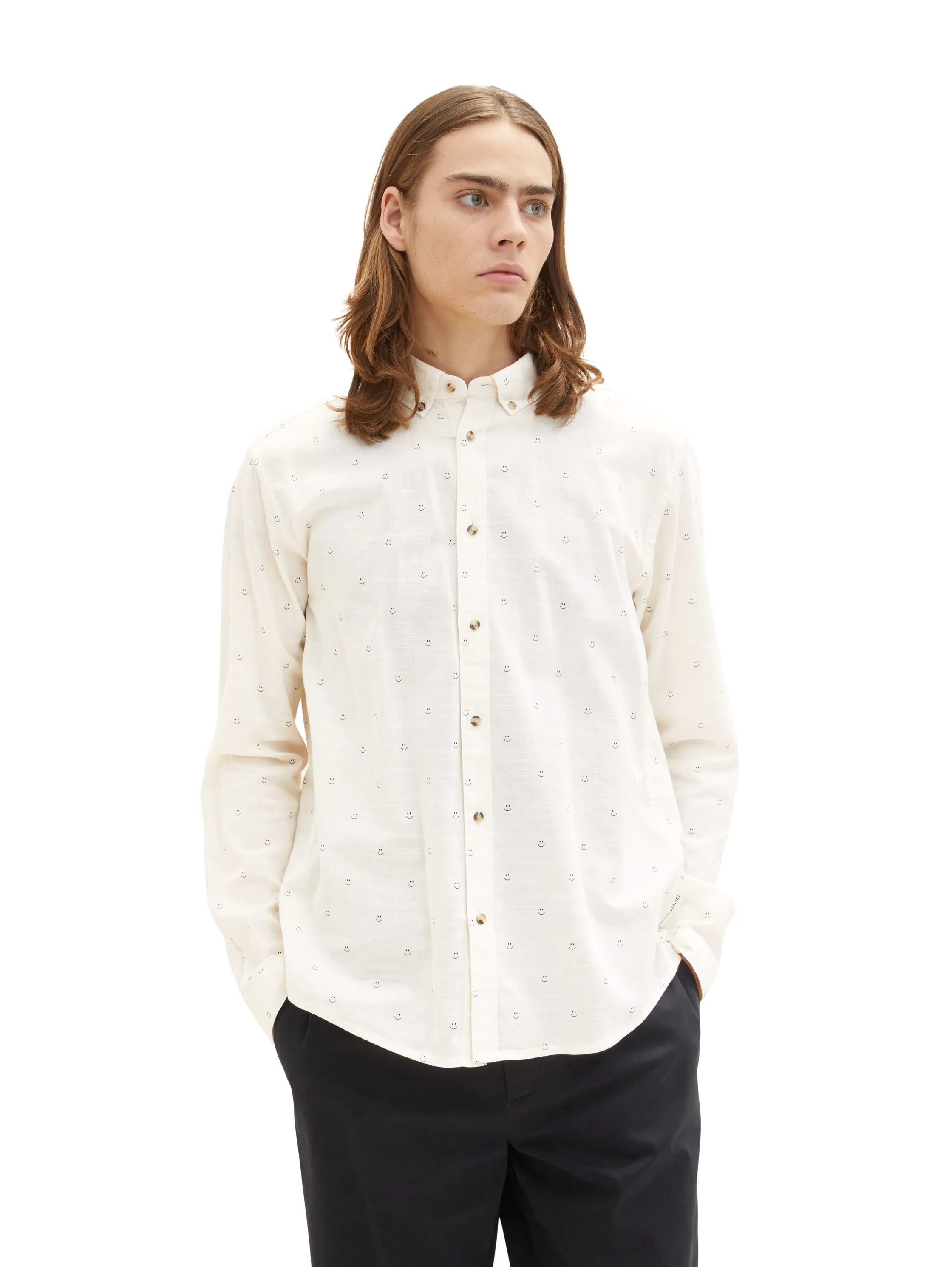 Denim Tom Tailor White Smiley Print Men Patterned Shirt SKU: 1034918_31384 Image 04