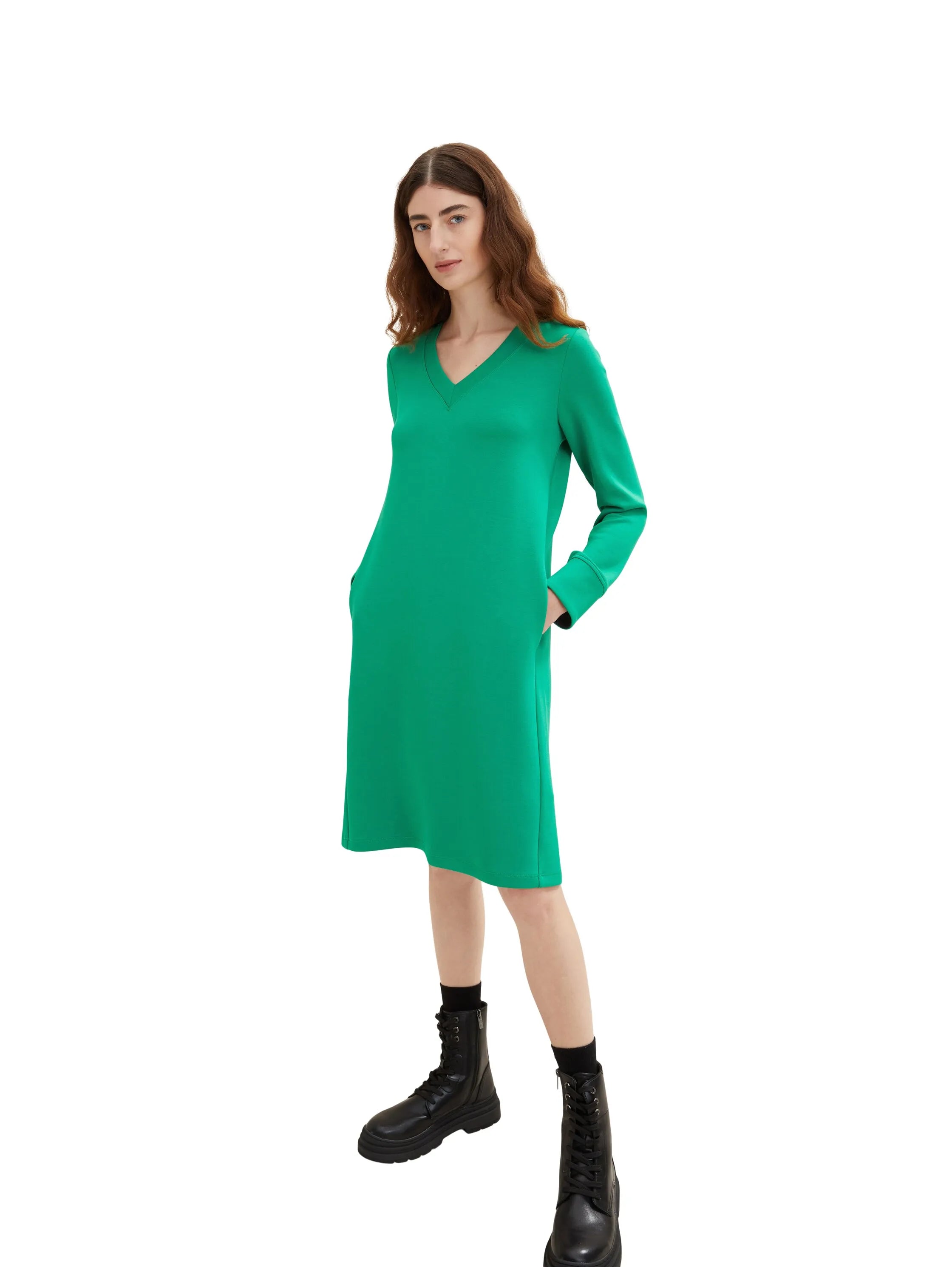 Tom Tailor Vivid Leaf Green Women Dress Scuba with V-Neck SKU: 1035222_31032 Image 01