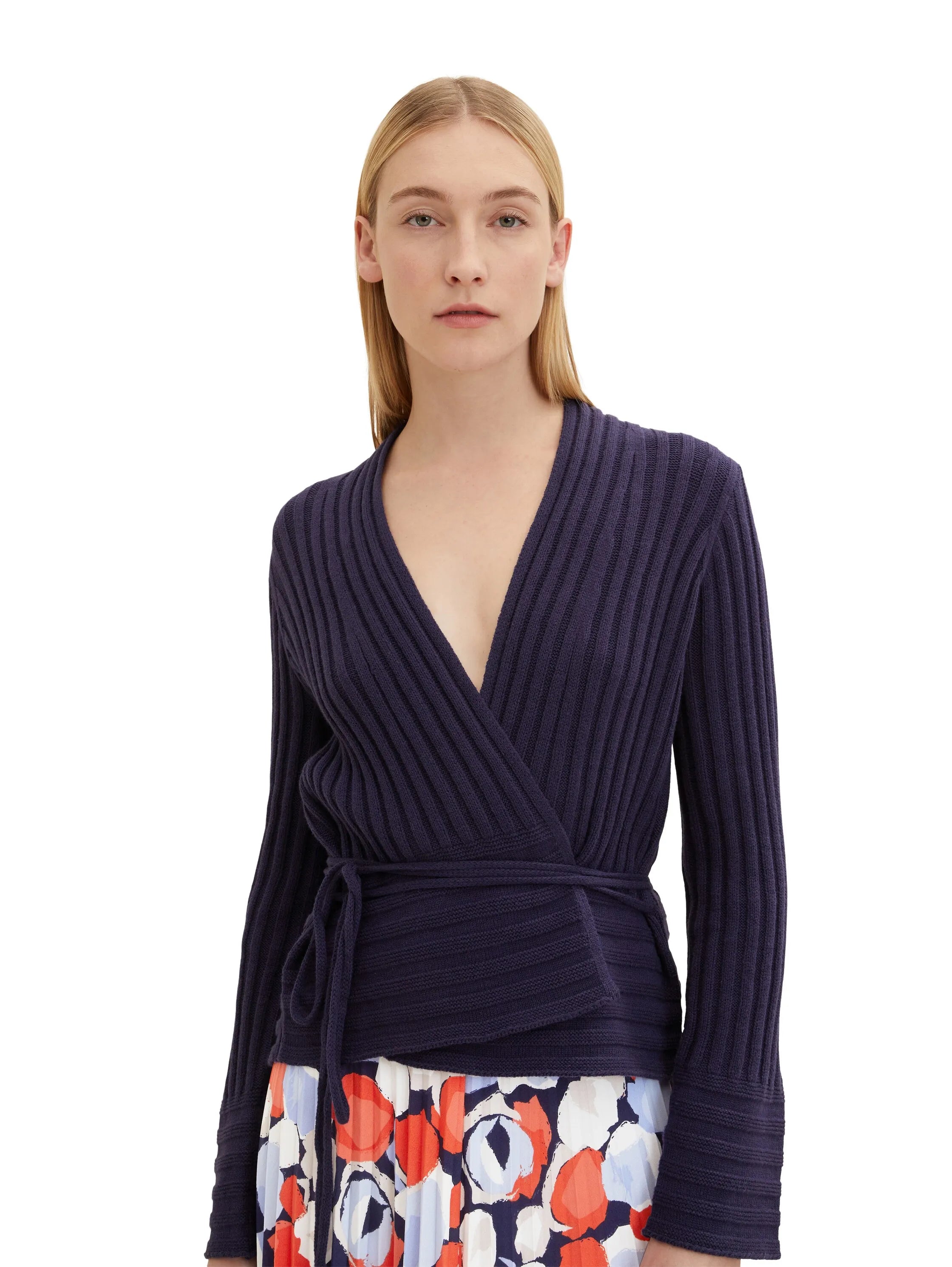 Tom Tailor Atlantic Ocean Blue Women Wrap-Around Cardigan in a Ribbed Texture SKU: 1035293_11331 Image 01