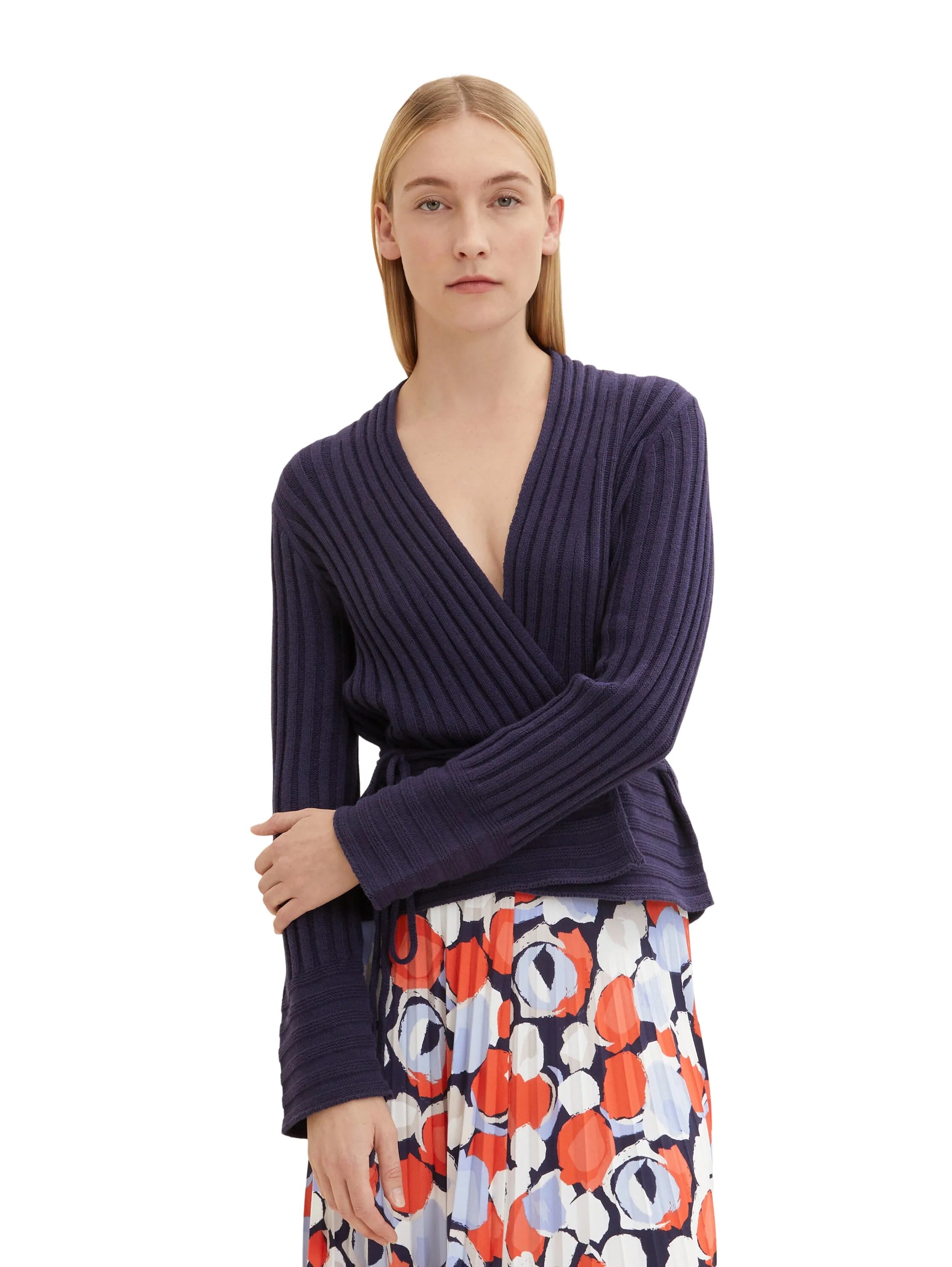 Tom Tailor Atlantic Ocean Blue Women Wrap-Around Cardigan in a Ribbed Texture SKU: 1035293_11331 Image 04