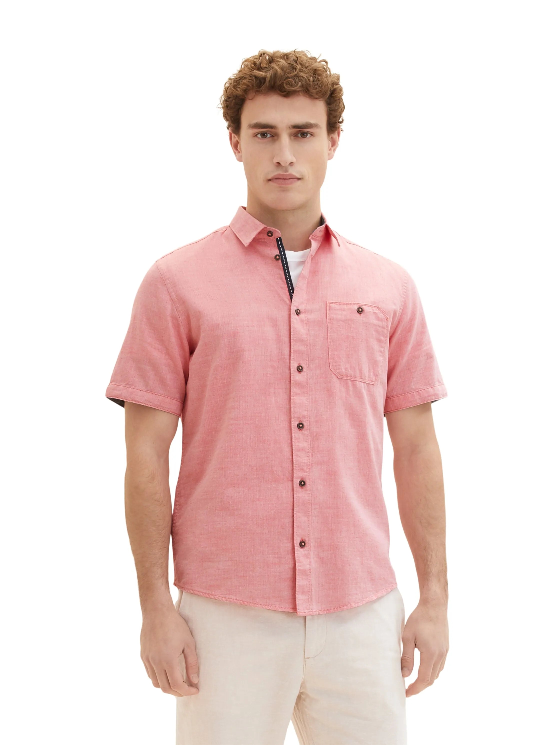 Tom Tailor Red Herringbone Structure Men Short-Sleeved Shirt with a Chest Pocket SKU: 1036213_32167 Image 05