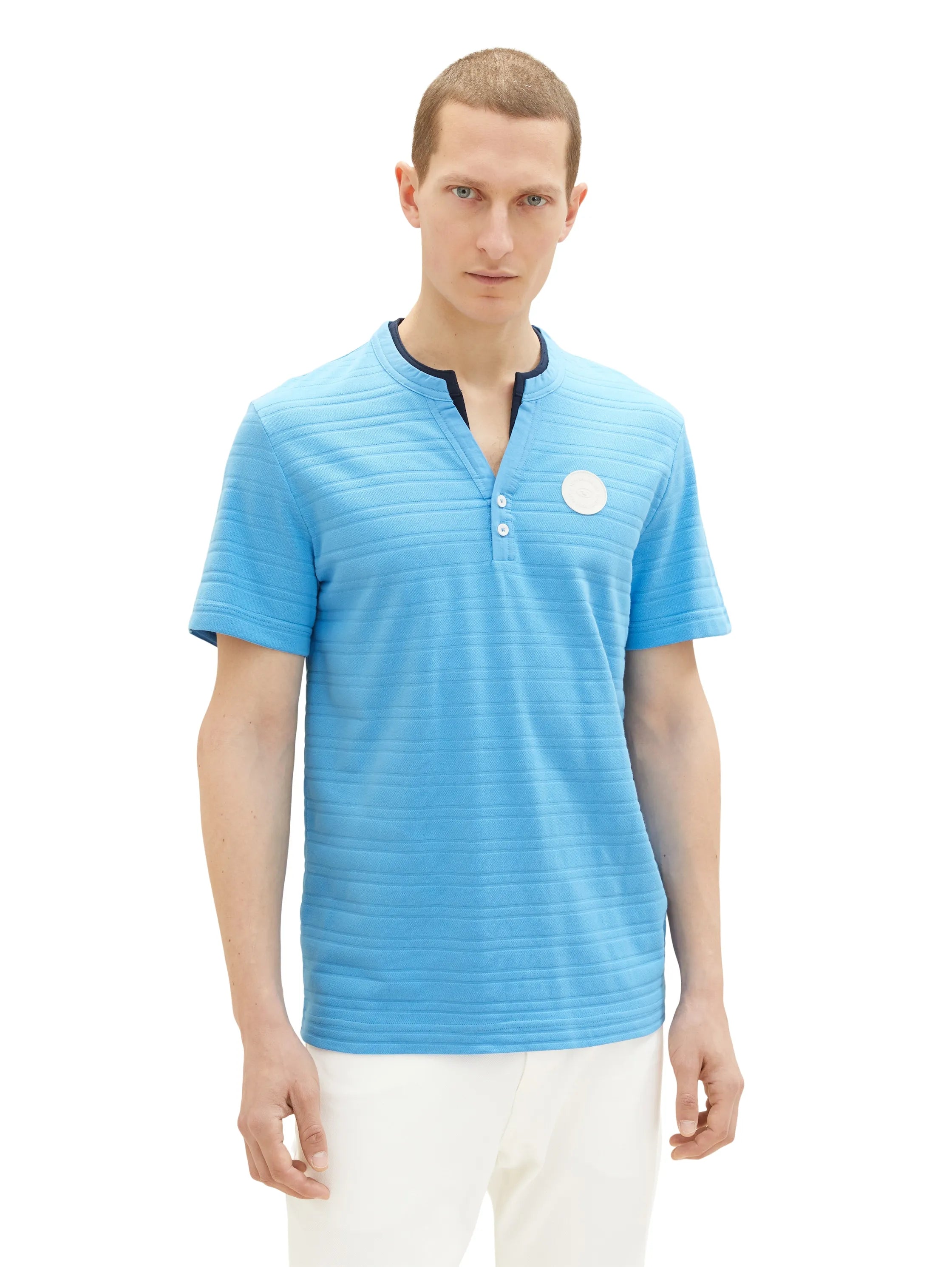 Tom Tailor Rainy Sky Blue Men Serafino T-Shirt with Texture SKU: 1036346_18395 Image 05