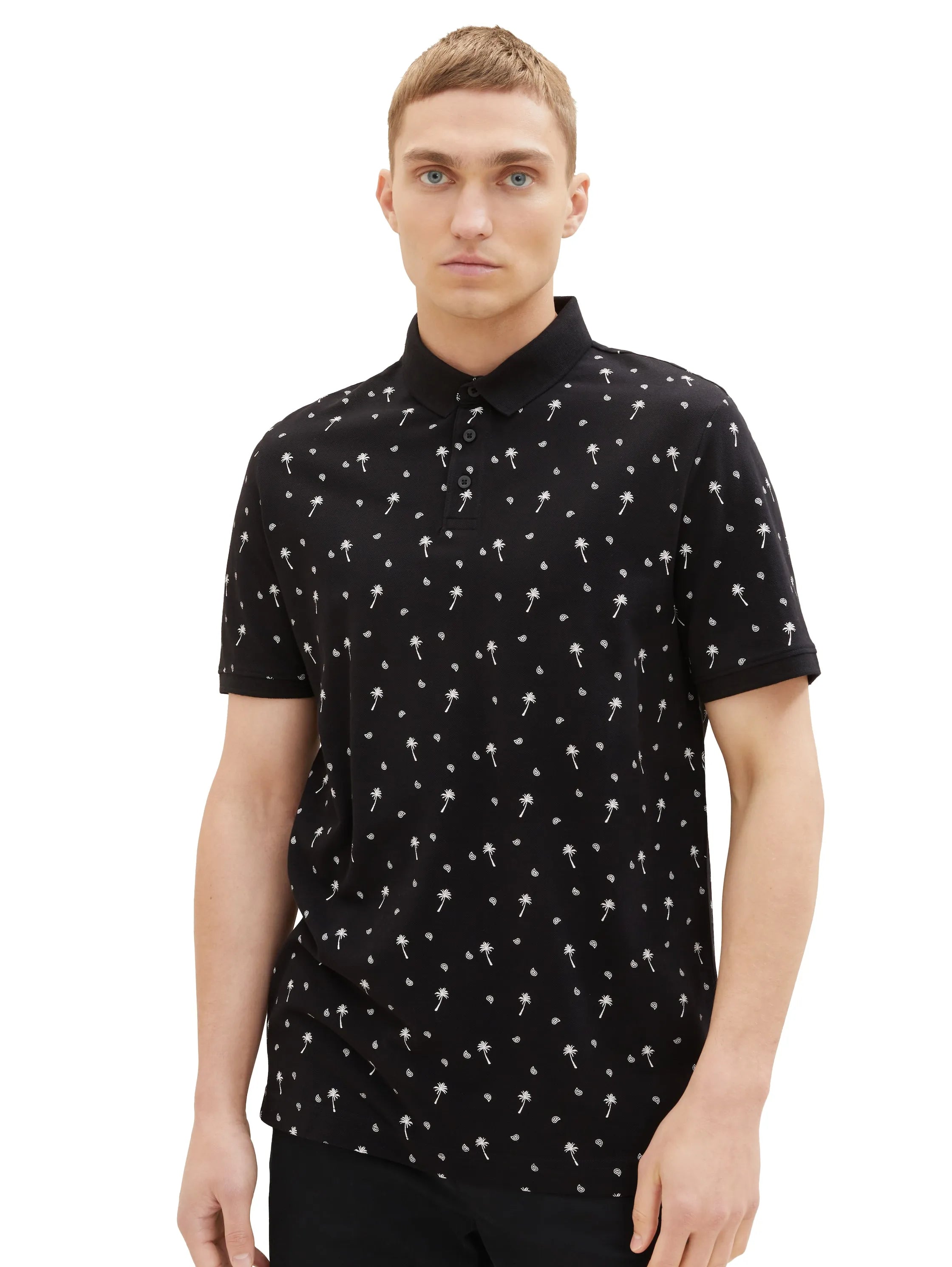 Denim Tom Tailor Black White Mini Palm Paisley Men Regular Fit Short-Sleeved Polo Shirt SKU: 1036404_31914 Image 04