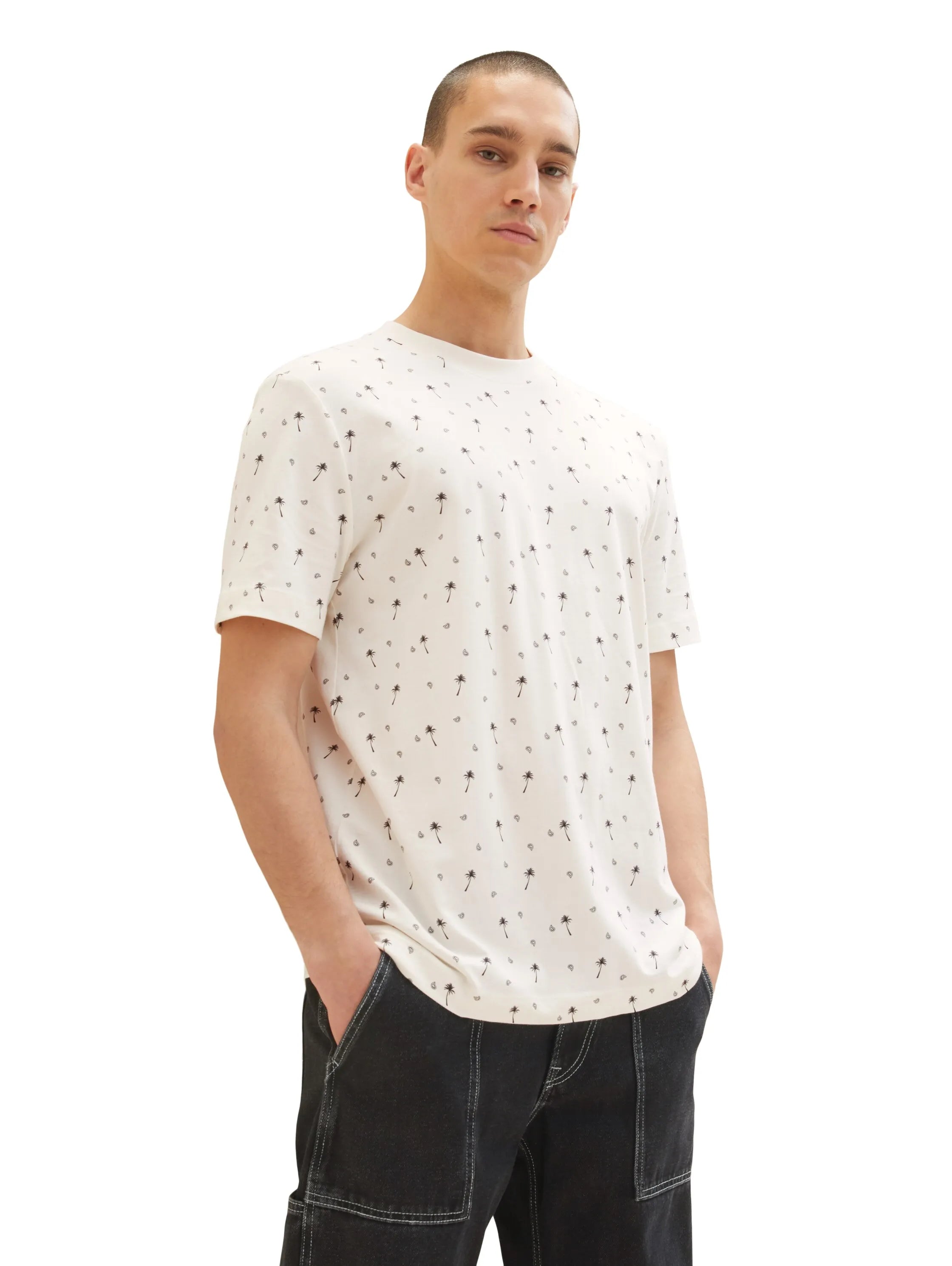 Denim Tom Tailor White Black Mini Palm Paisley Men Regular Fit Short-Sleeved T-Shirt SKU: 1036482_31910 Image 01
