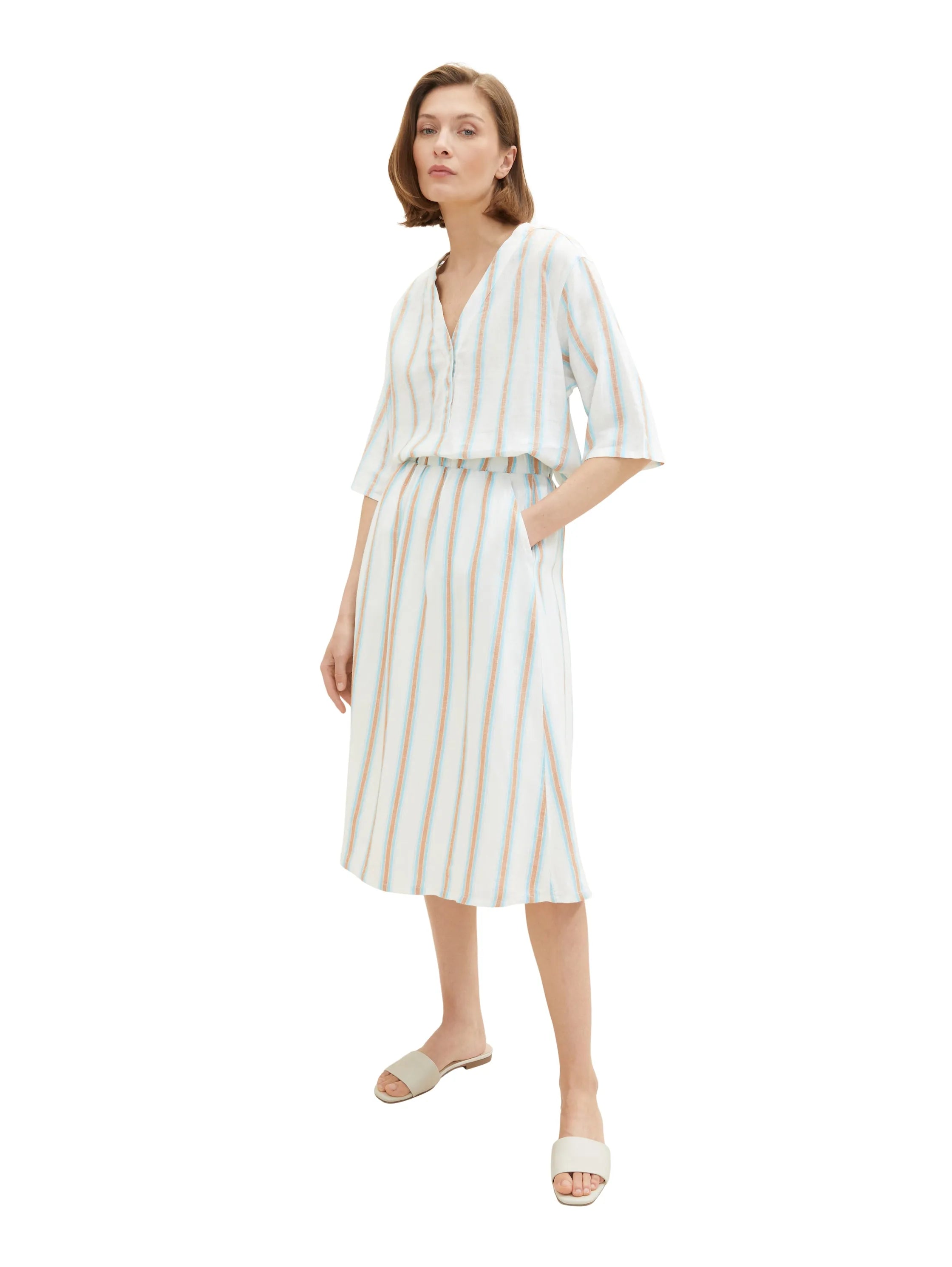 Tom Tailor Offwhite Brown Vertical Stripe Women Midi Skirt with Linen SKU: 1036678_31948 Image 05
