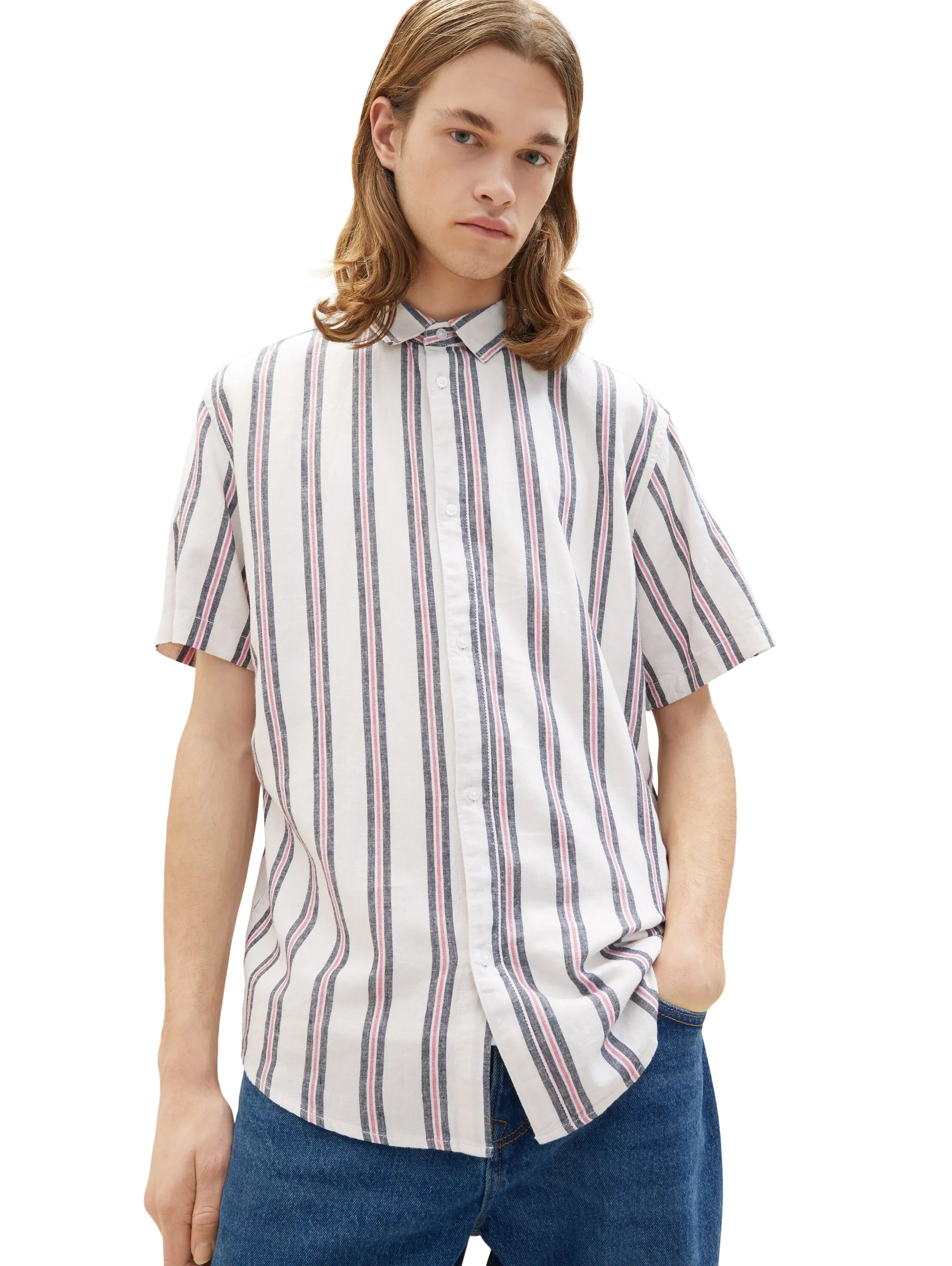 Denim Tom Tailor White Navy Red Stripe Men Striped Shirt SKU: 1037198_32131 Image 01