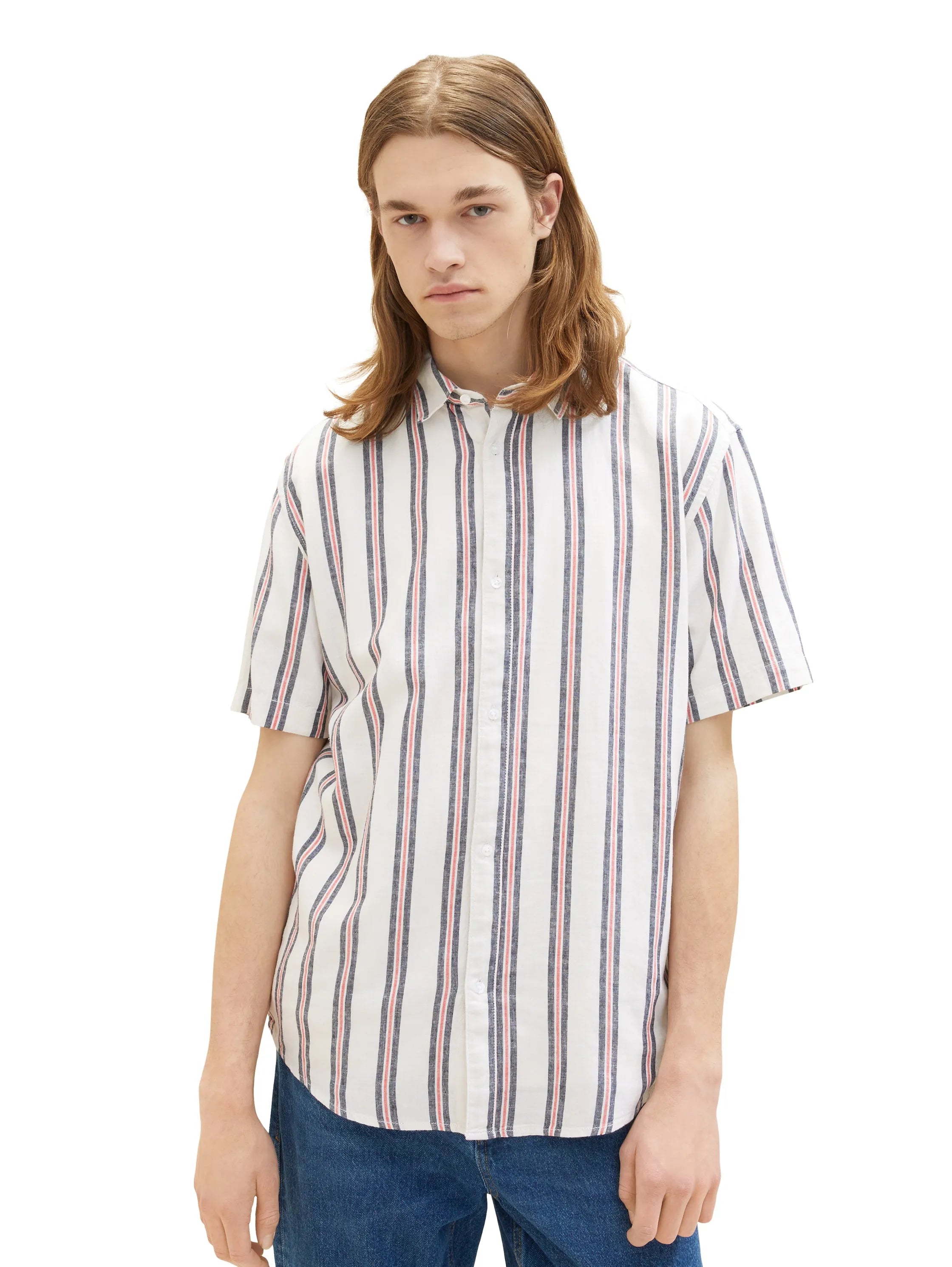 Denim Tom Tailor White Navy Red Stripe Men Striped Shirt SKU: 1037198_32131 Image 05