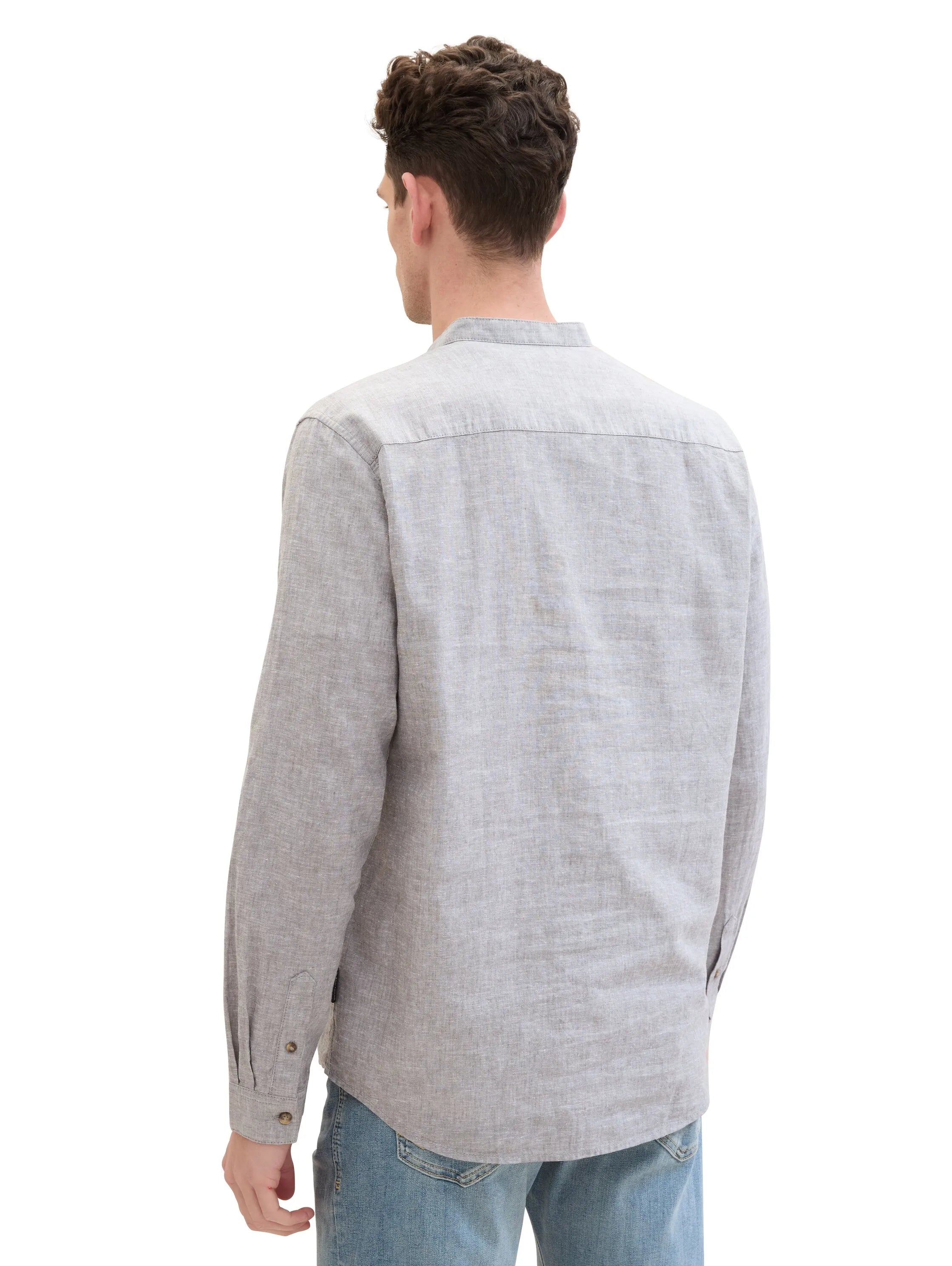 Tom Tailor Smokey Olive Green Chambray Men Shirt with Linen SKU: 1040140_34607 Image 03