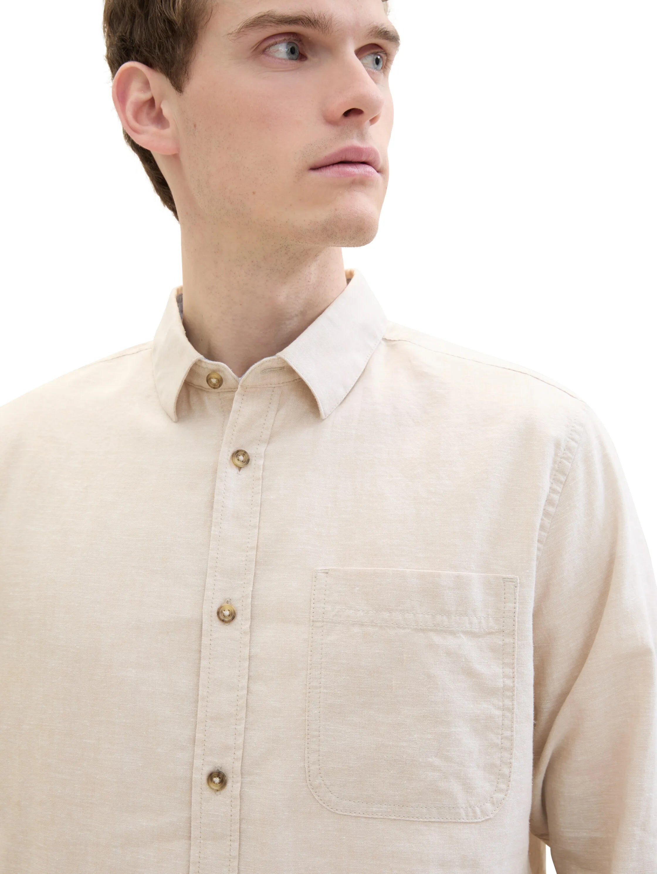 Tom Tailor Caramel Beige Chambray Men Regular-Fit Shirt with Linen SKU: 1040141_31235 Image 06