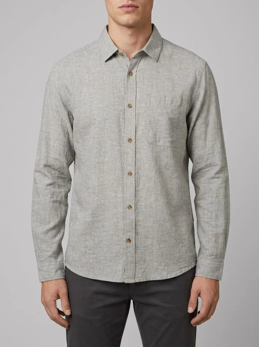 Tom Tailor Smokey Olive Green Chambray Men Regular-Fit Shirt with Linen SKU: 1040141_34607 Image 00