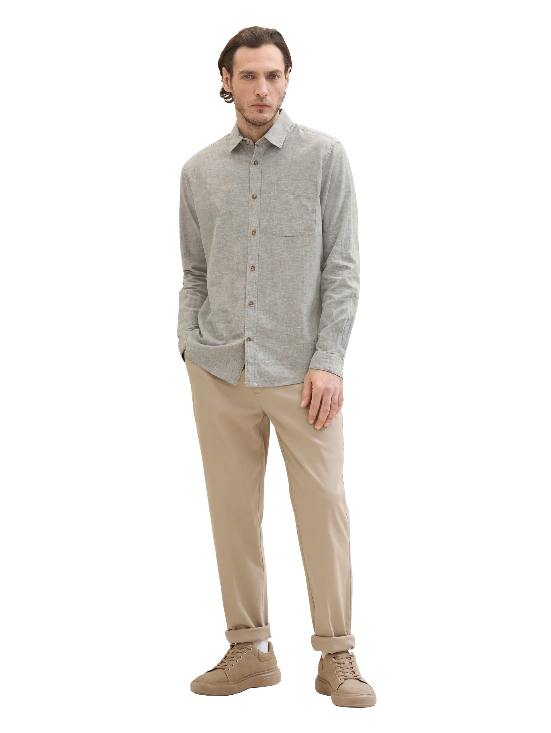 Tom Tailor Smokey Olive Green Chambray Men Regular-Fit Shirt with Linen SKU: 1040141_34607 Image 02