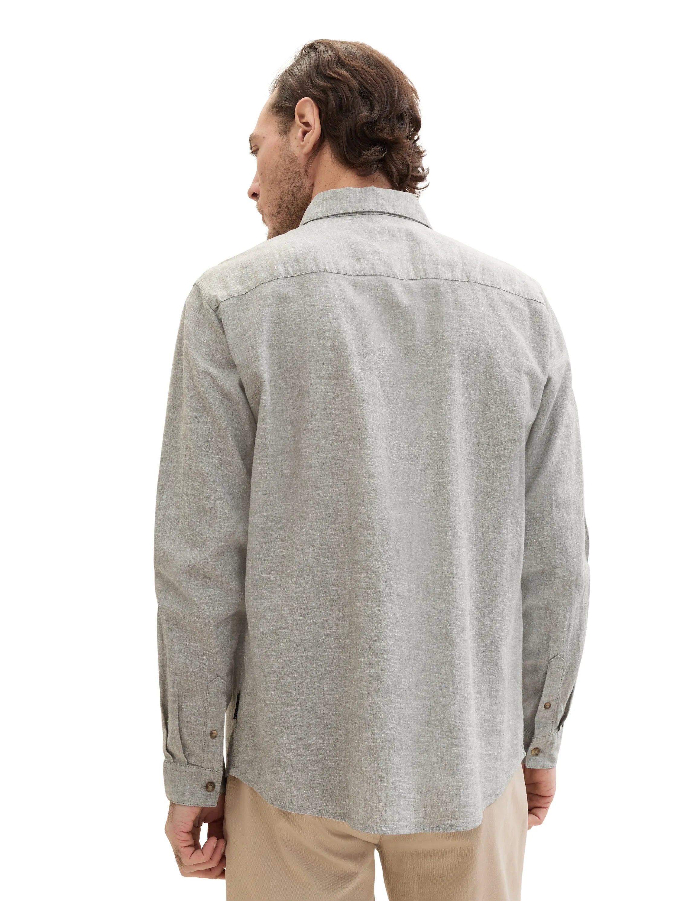 Tom Tailor Smokey Olive Green Chambray Men Regular-Fit Shirt with Linen SKU: 1040141_34607 Image 03