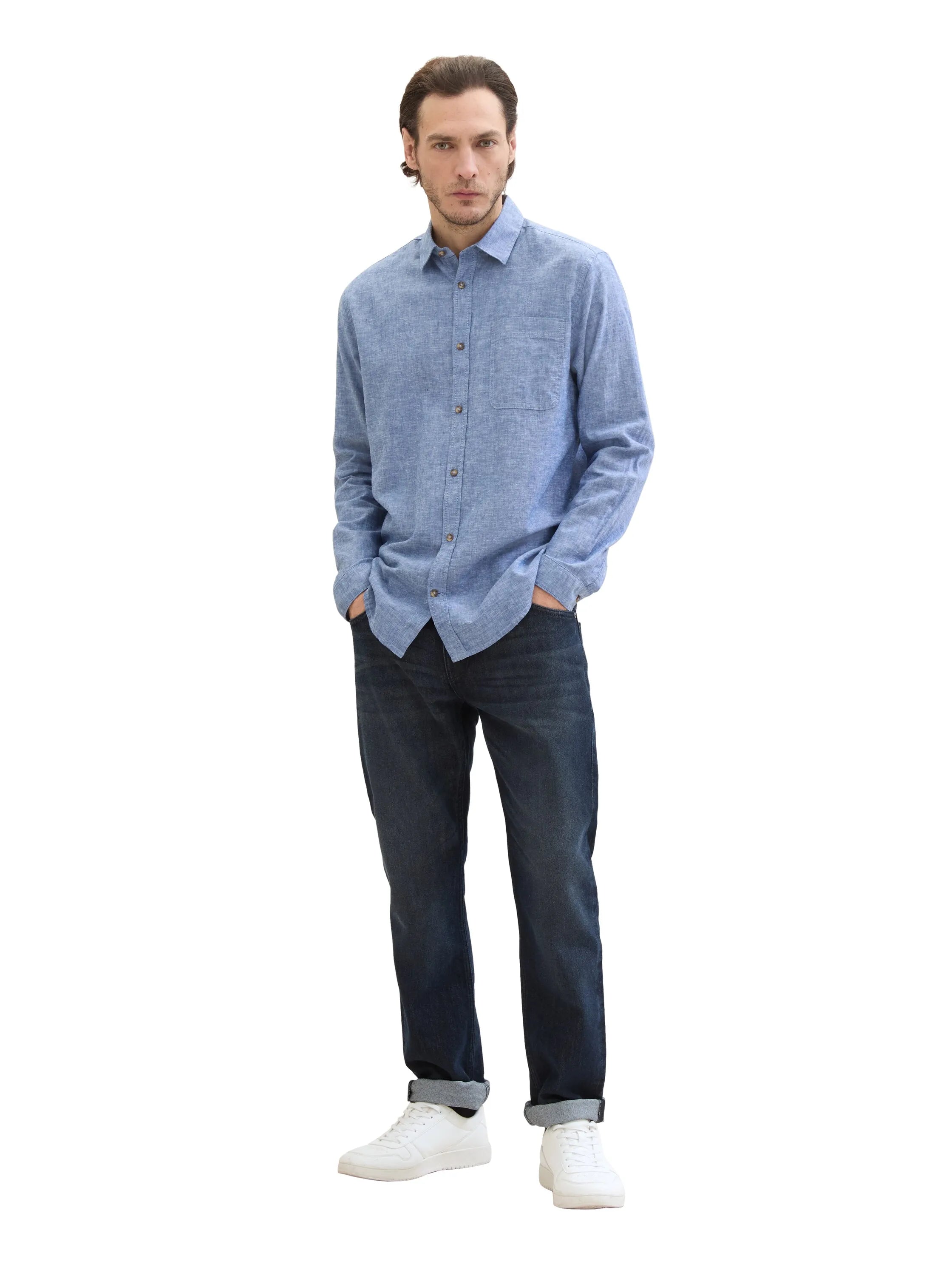 Tom Tailor Leasure Blue Chambray Men Regular-Fit Shirt with Linen SKU: 1040141_34922 Image 02