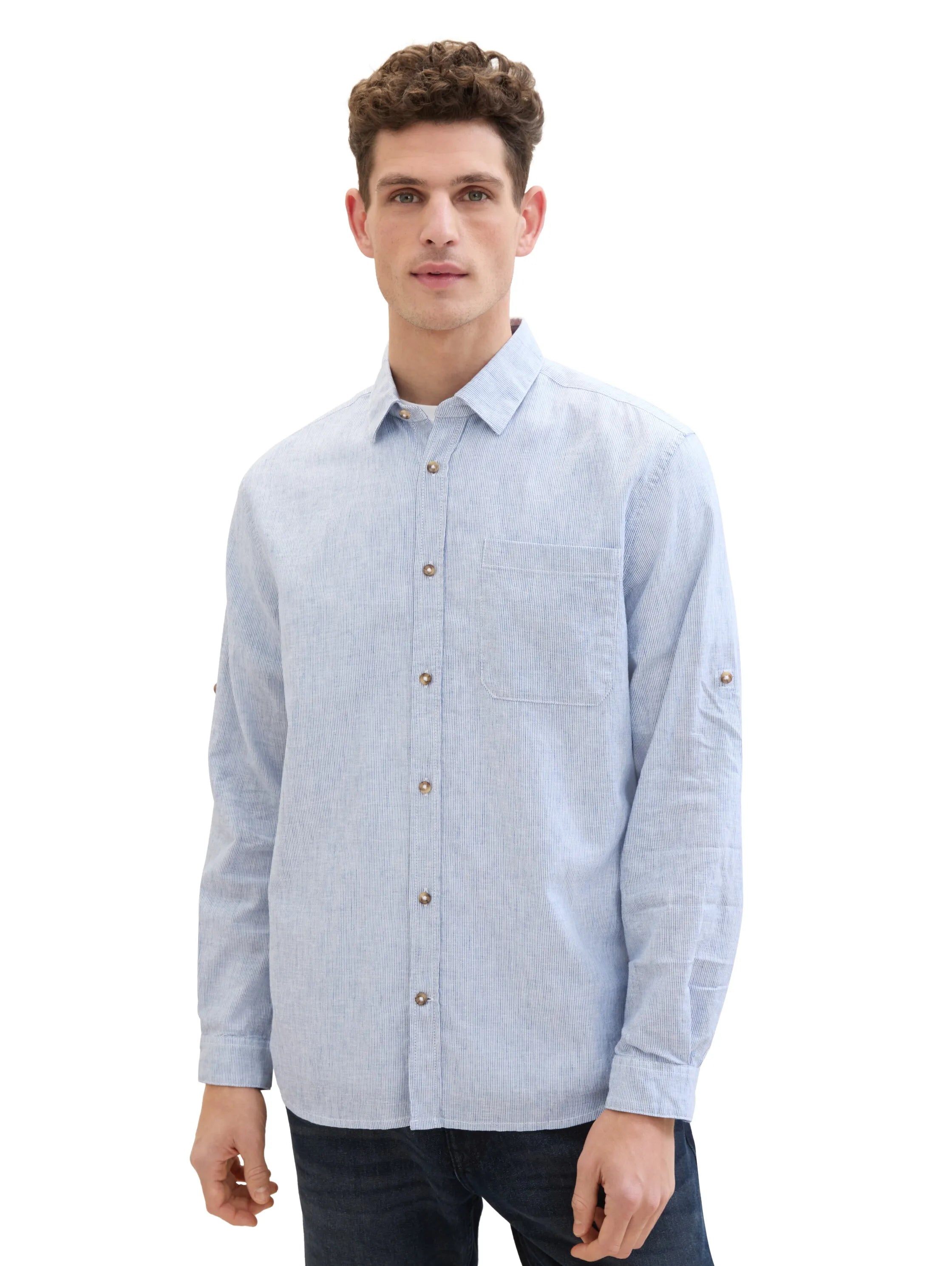 Tom Tailor Blue Fine Stripe Men Shirt with Linen SKU: 1040142_34918 Image 04