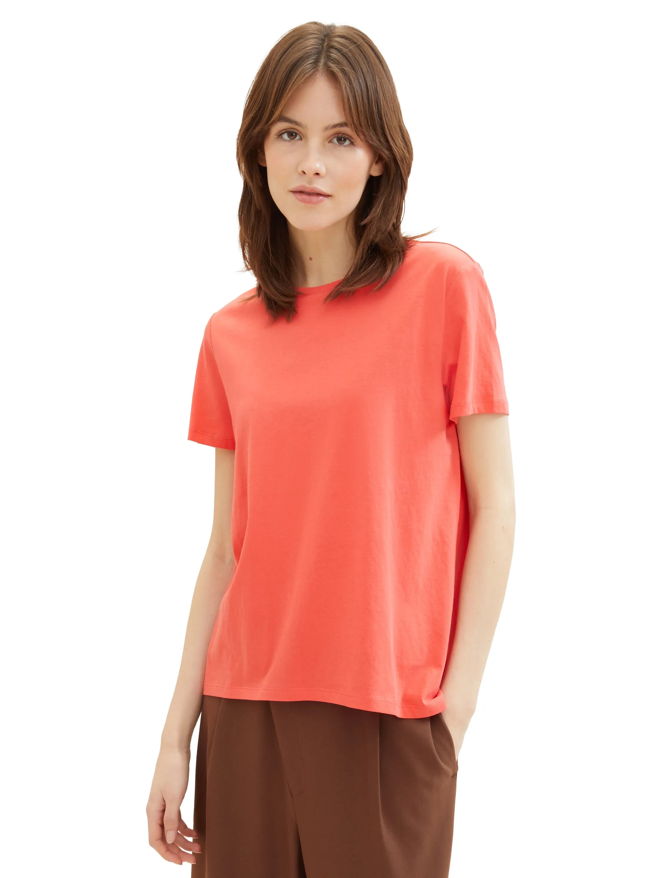 Denim Tom Tailor Plain Red Women Loose Fit Cotton T-Shirt SKU: 1040183_11042 Image 01
