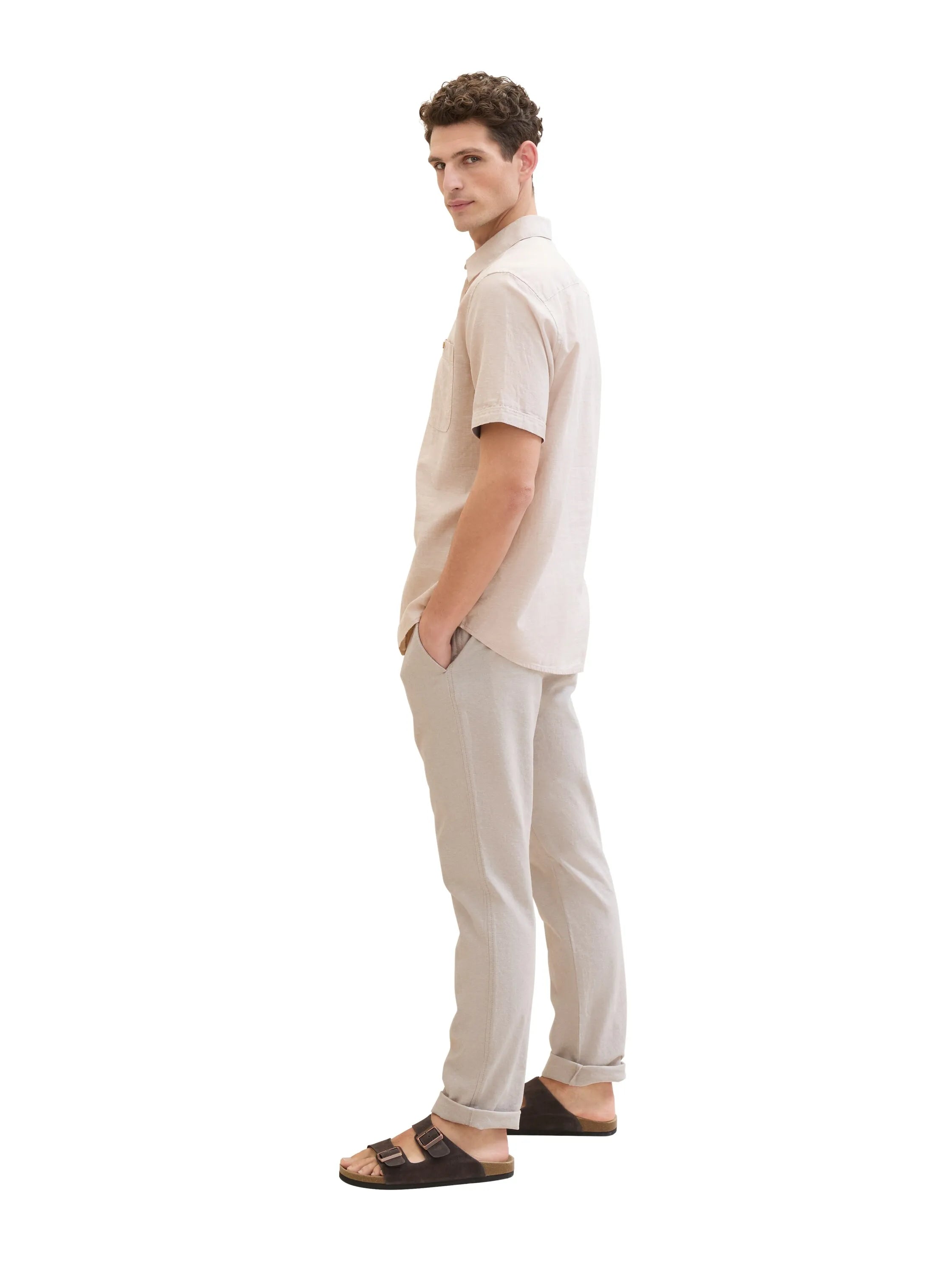 Tom Tailor Caramel Beige Chambray Men Regular Chinos with Linen SKU: 1040230_31235 Image 02
