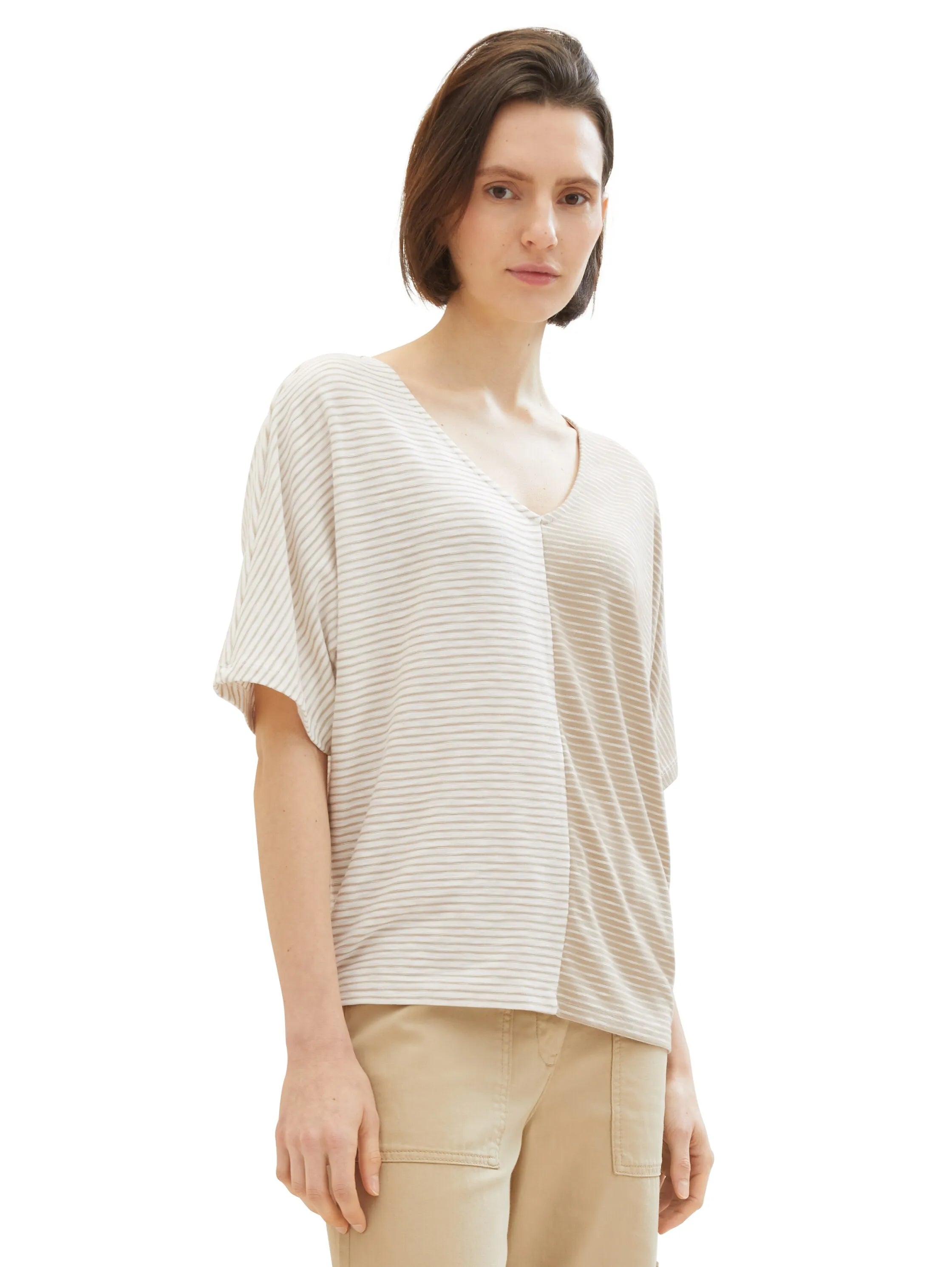 Tom Tailor Beige Offwhite Thin Stripe Women Striped T-Shirt SKU: 1040583_34836 Image 01