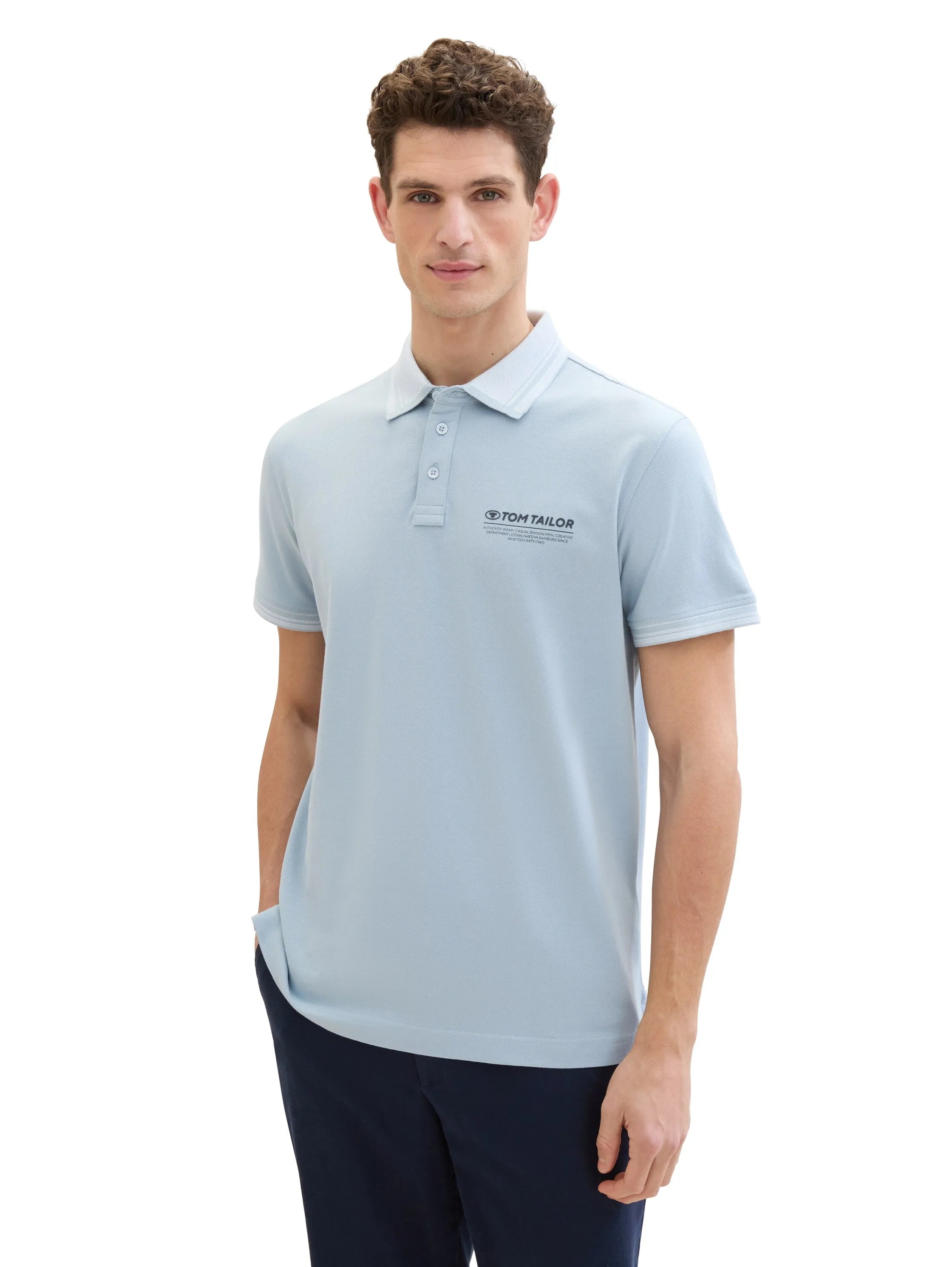 Tom Tailor Foggy Blue Men Polo Shirt with a Logo Print SKU: 1040823_15159 Image 01
