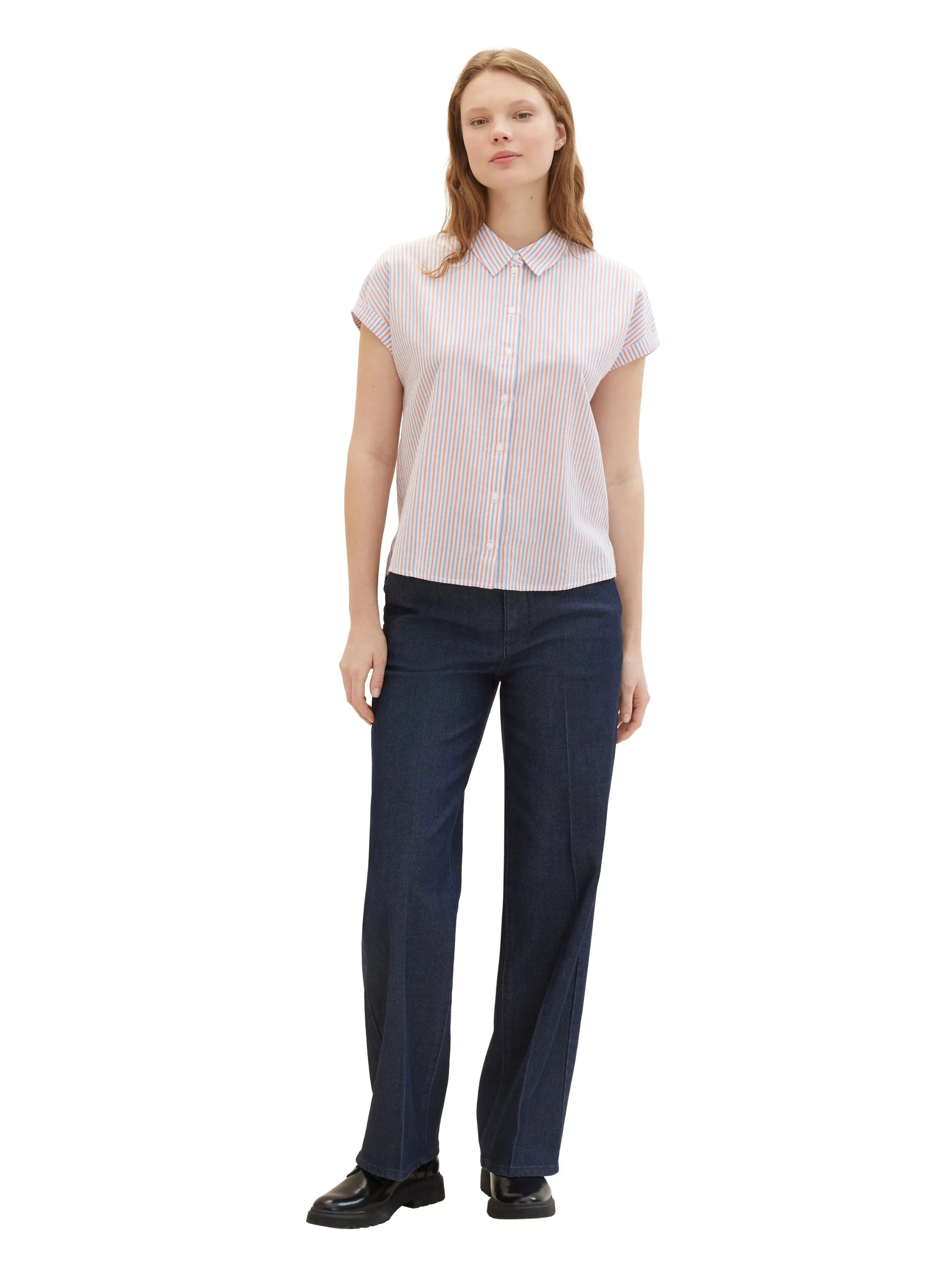 Denim Tom Tailor Blue Red White Vertical Stripe Women Striped Short-Sleeved Shirt SKU: 1040926_34879 Image 02