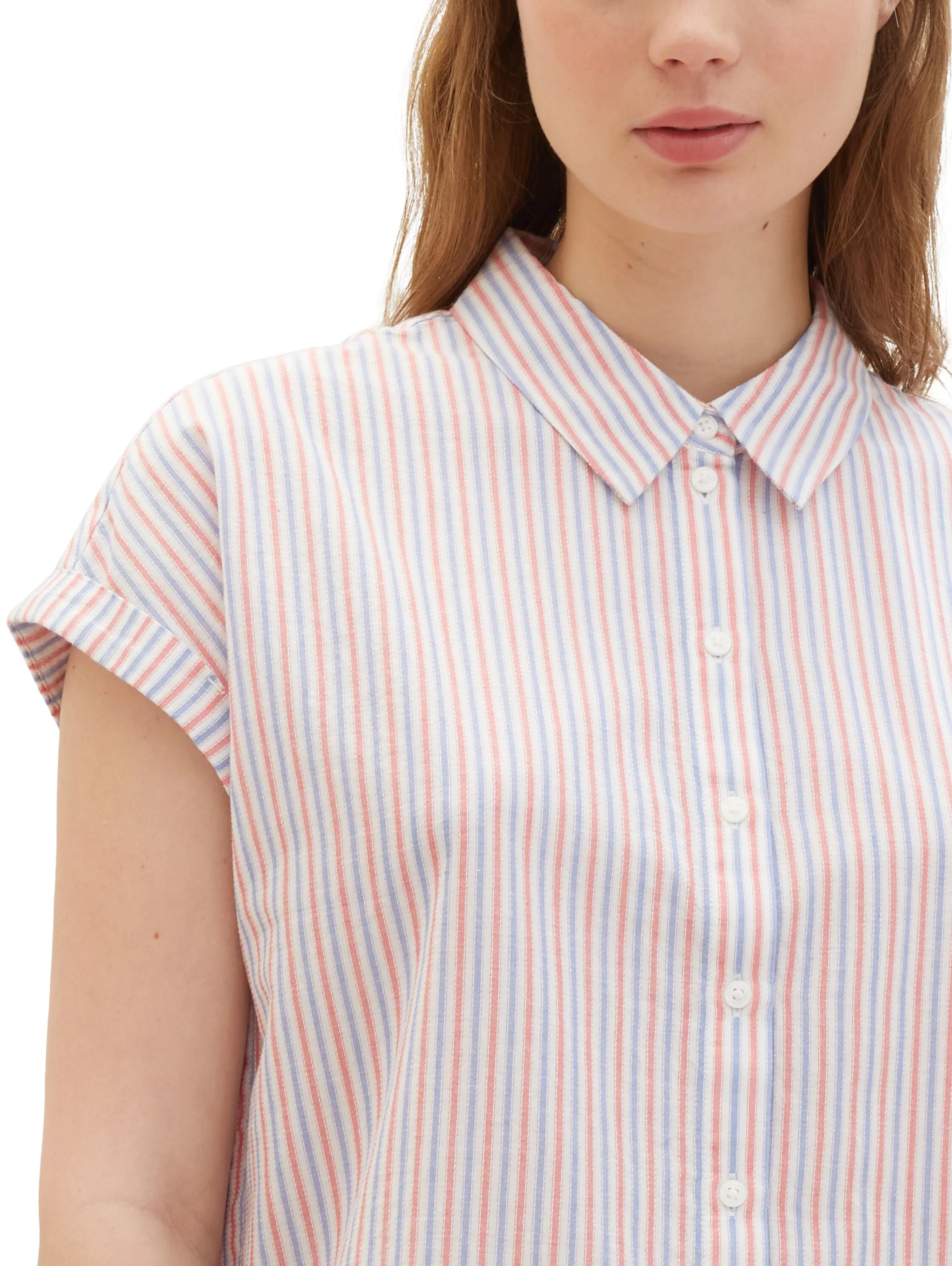 Denim Tom Tailor Blue Red White Vertical Stripe Women Striped Short-Sleeved Shirt SKU: 1040926_34879 Image 04