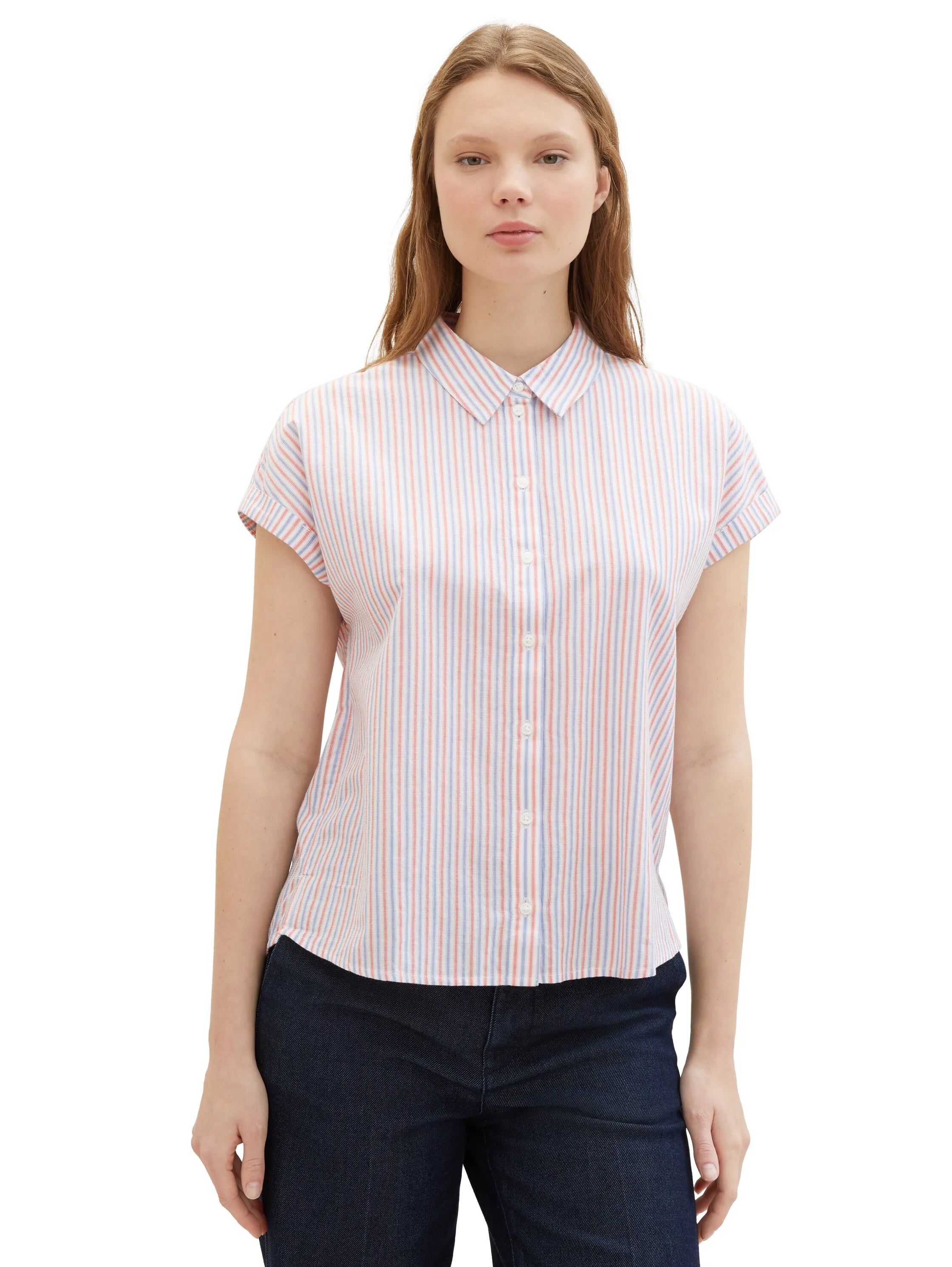 Denim Tom Tailor Blue Red White Vertical Stripe Women Striped Short-Sleeved Shirt SKU: 1040926_34879 Image 05