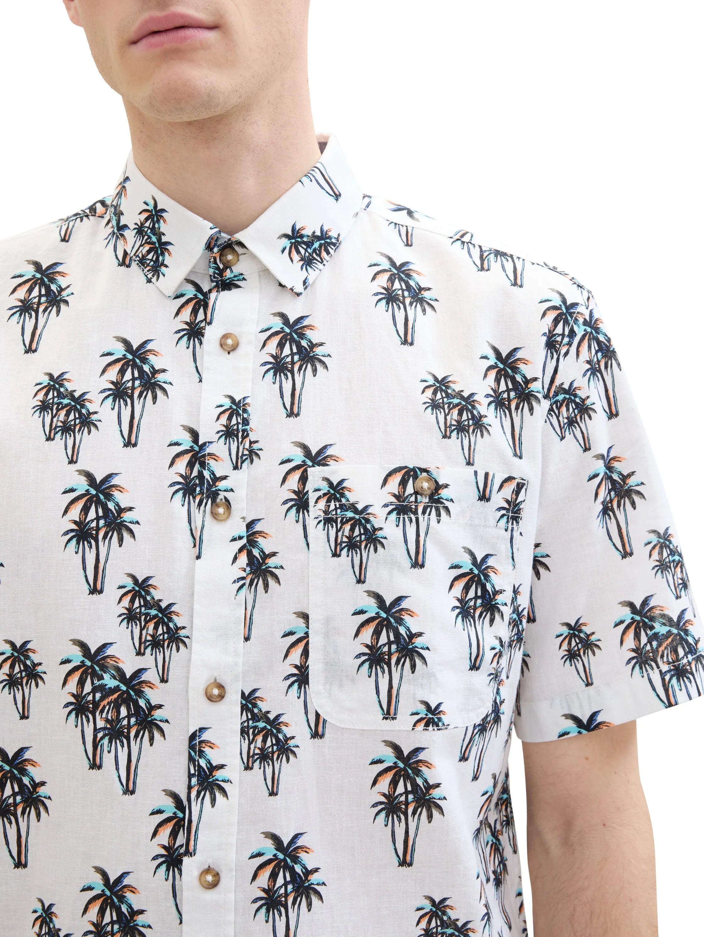 Tom Tailor White Multi Palm Design Men Shirt with Linen SKU: 1040991_35061 Image 06