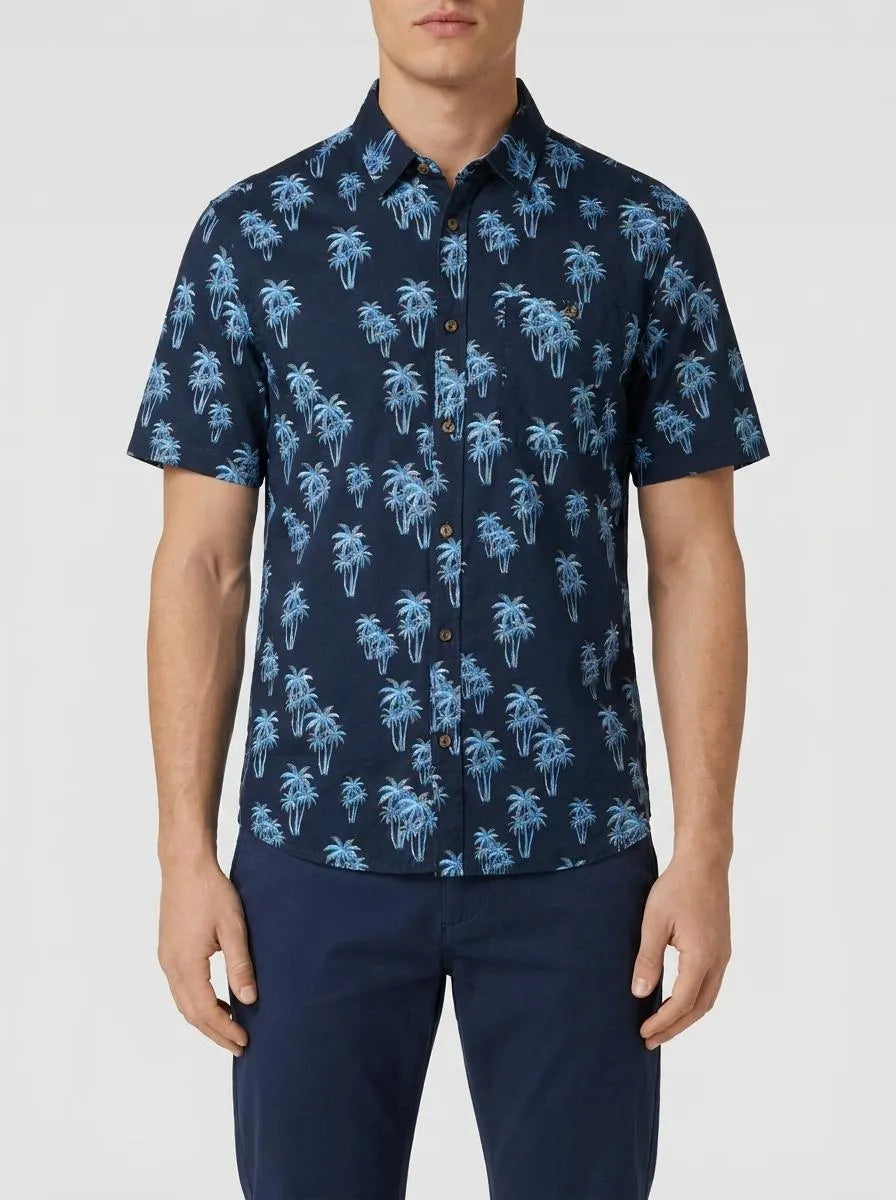 Tom Tailor Navy Multi Palm Design Men Shirt with Linen SKU: 1040991_35062 Image 00