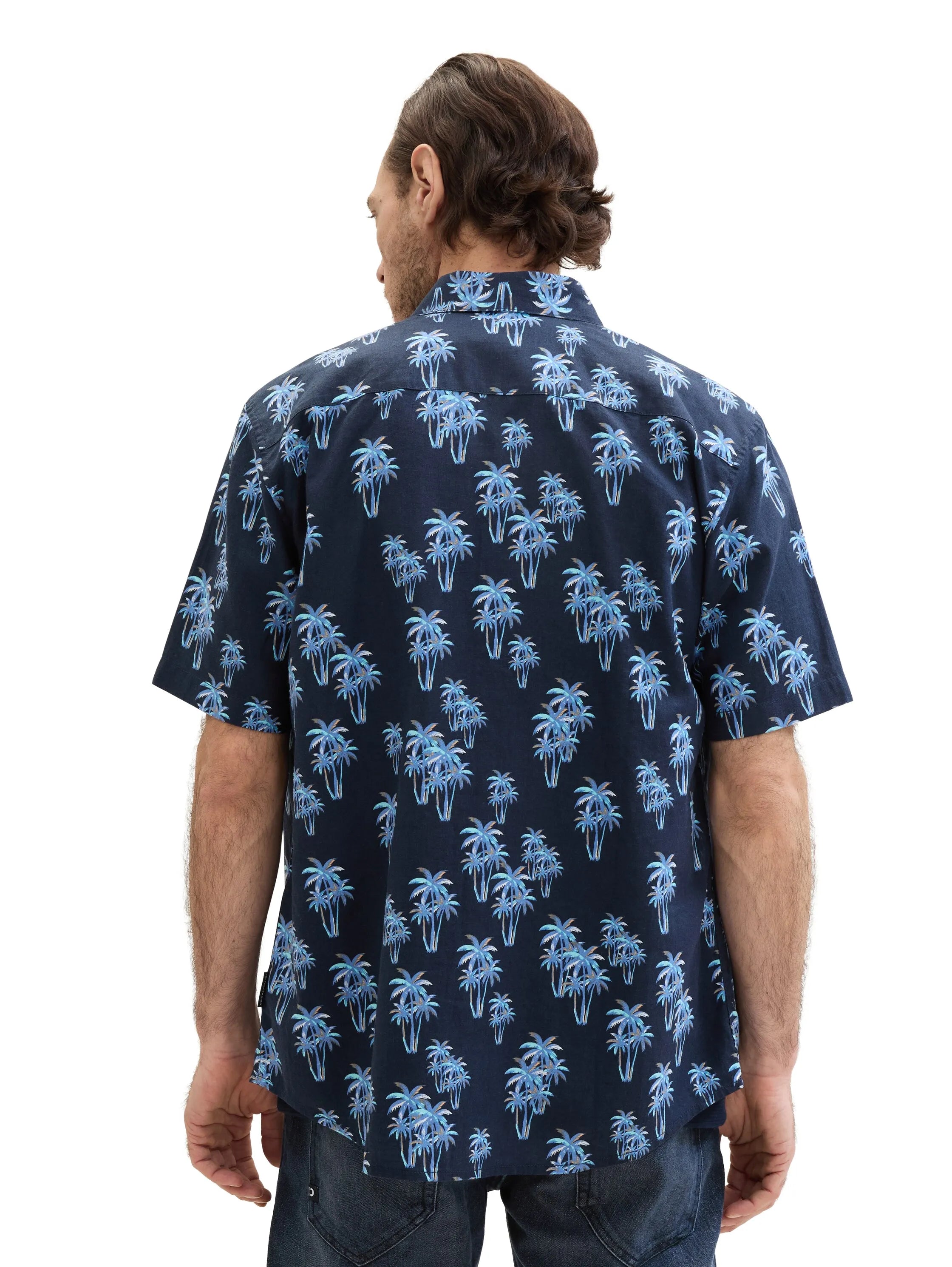 Tom Tailor Navy Multi Palm Design Men Shirt with Linen SKU: 1040991_35062 Image 03