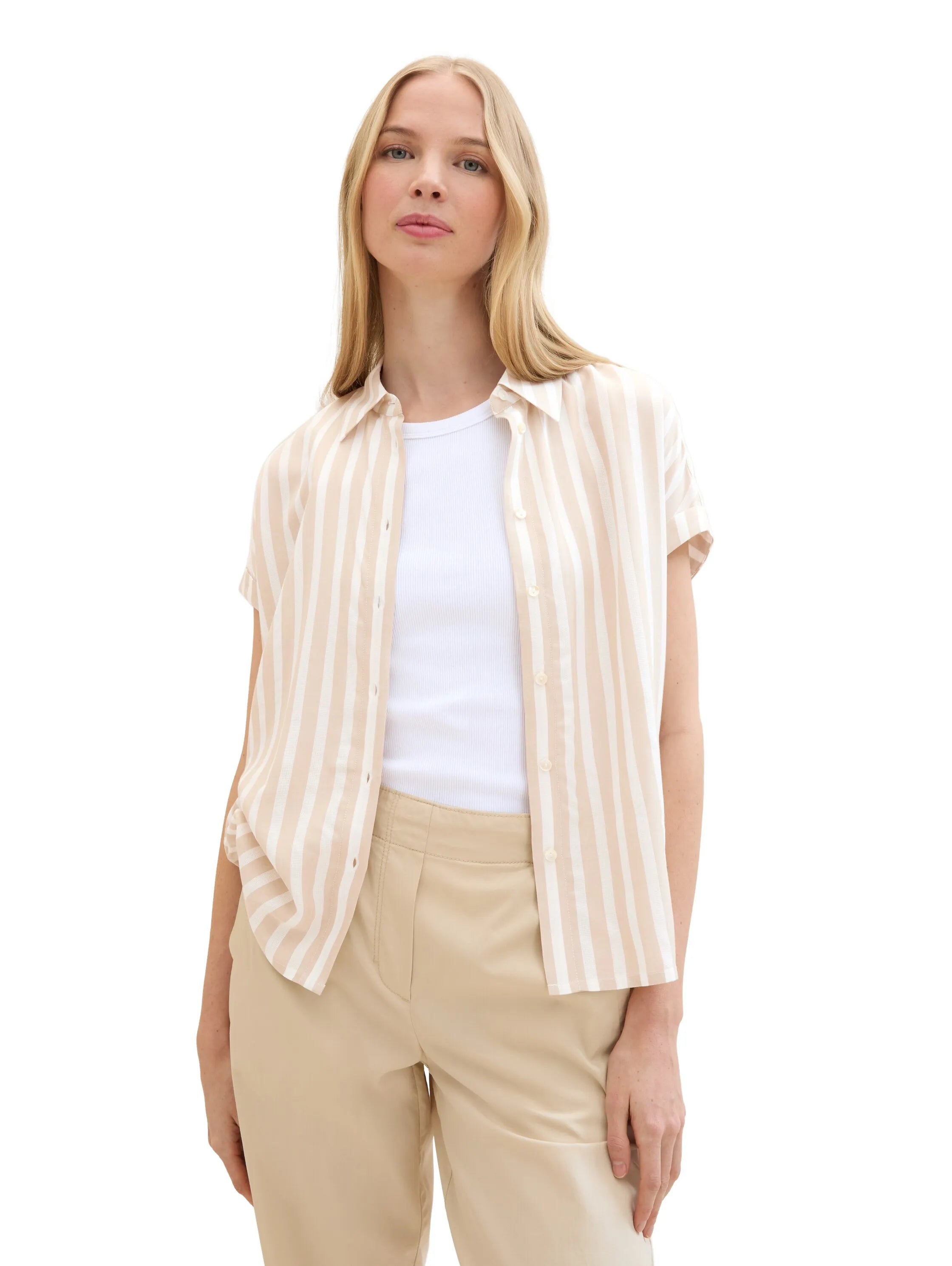 Tom Tailor Beige Offwhite Stripe Women Striped Short-Sleeved Shirt SKU: 1041220_35211 Image 04