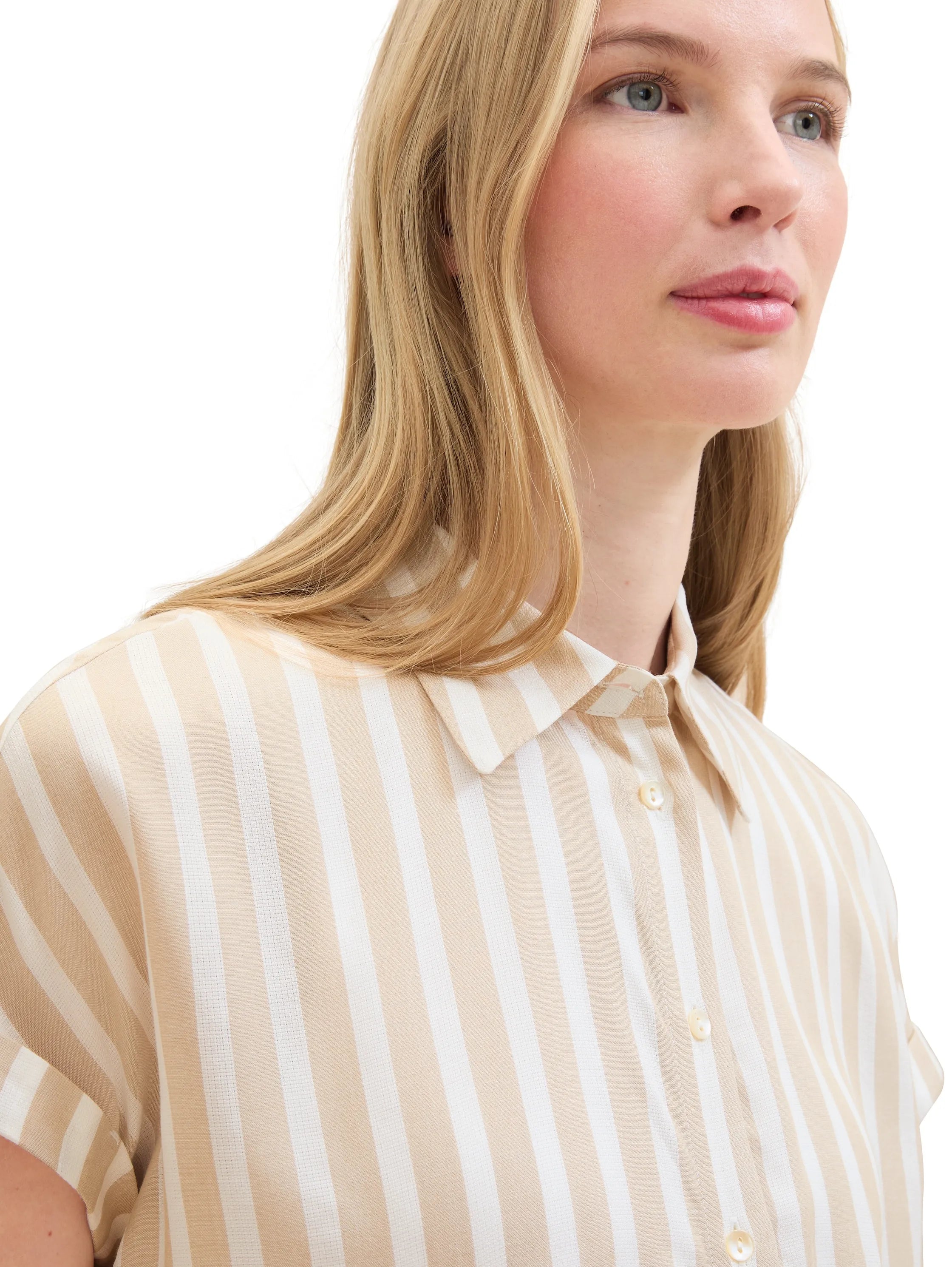 Tom Tailor Beige Offwhite Stripe Women Striped Short-Sleeved Shirt SKU: 1041220_35211 Image 05