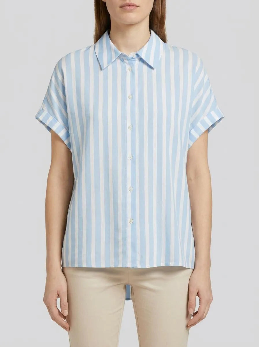 Tom Tailor Offwhite Blue Vertical Stripe Women Striped Short-Sleeved Shirt SKU: 1041220_35221 Image 00