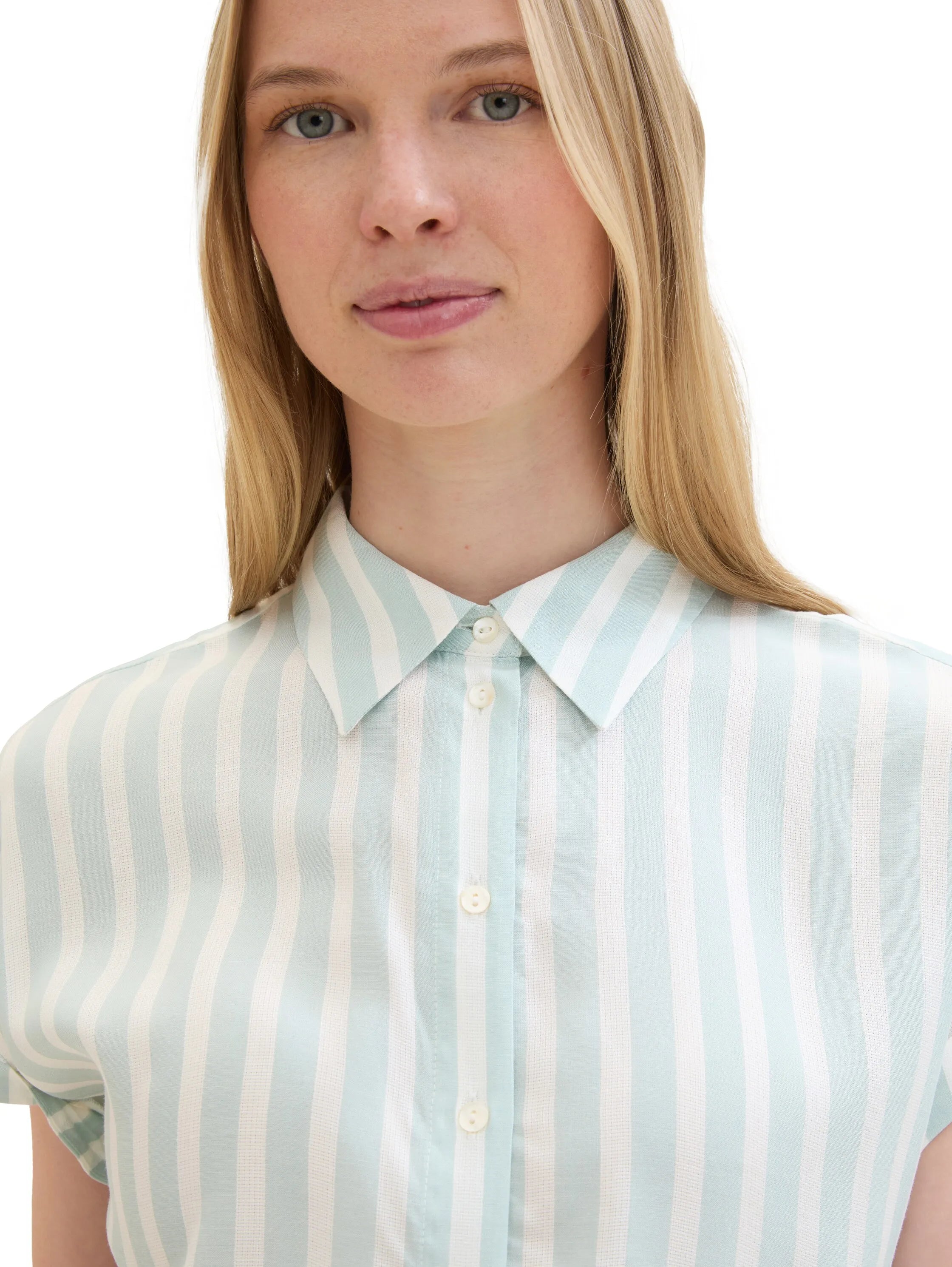 Tom Tailor Mint Blue Offwhite Stripe Women Striped Short-Sleeved Shirt SKU: 1041220_35350 Image 05