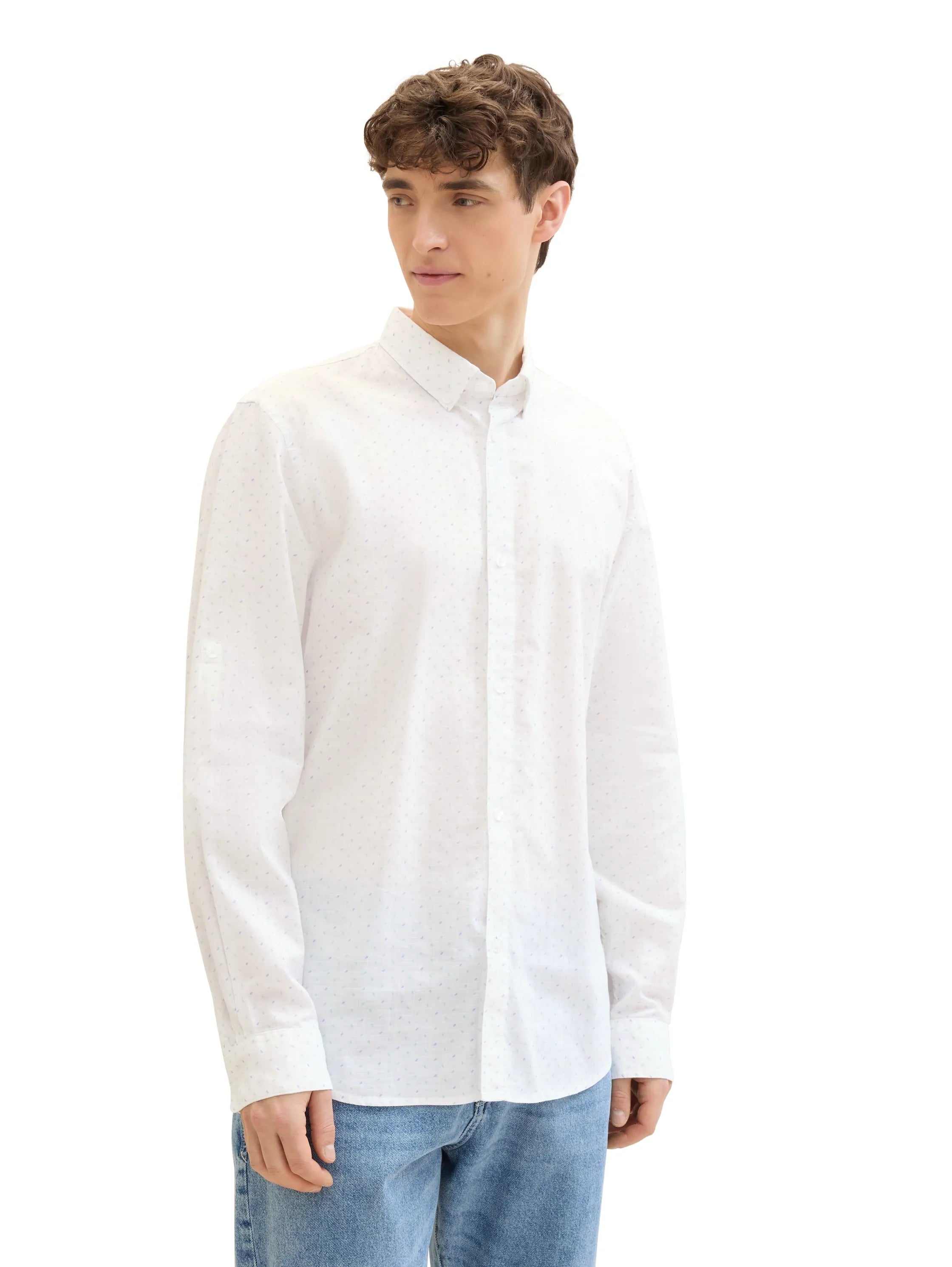 Denim Tom Tailor White Multi Mini Wave Men Slim Fit Long-Sleeved Dress Shirt SKU: 1041387_35489 Image 04