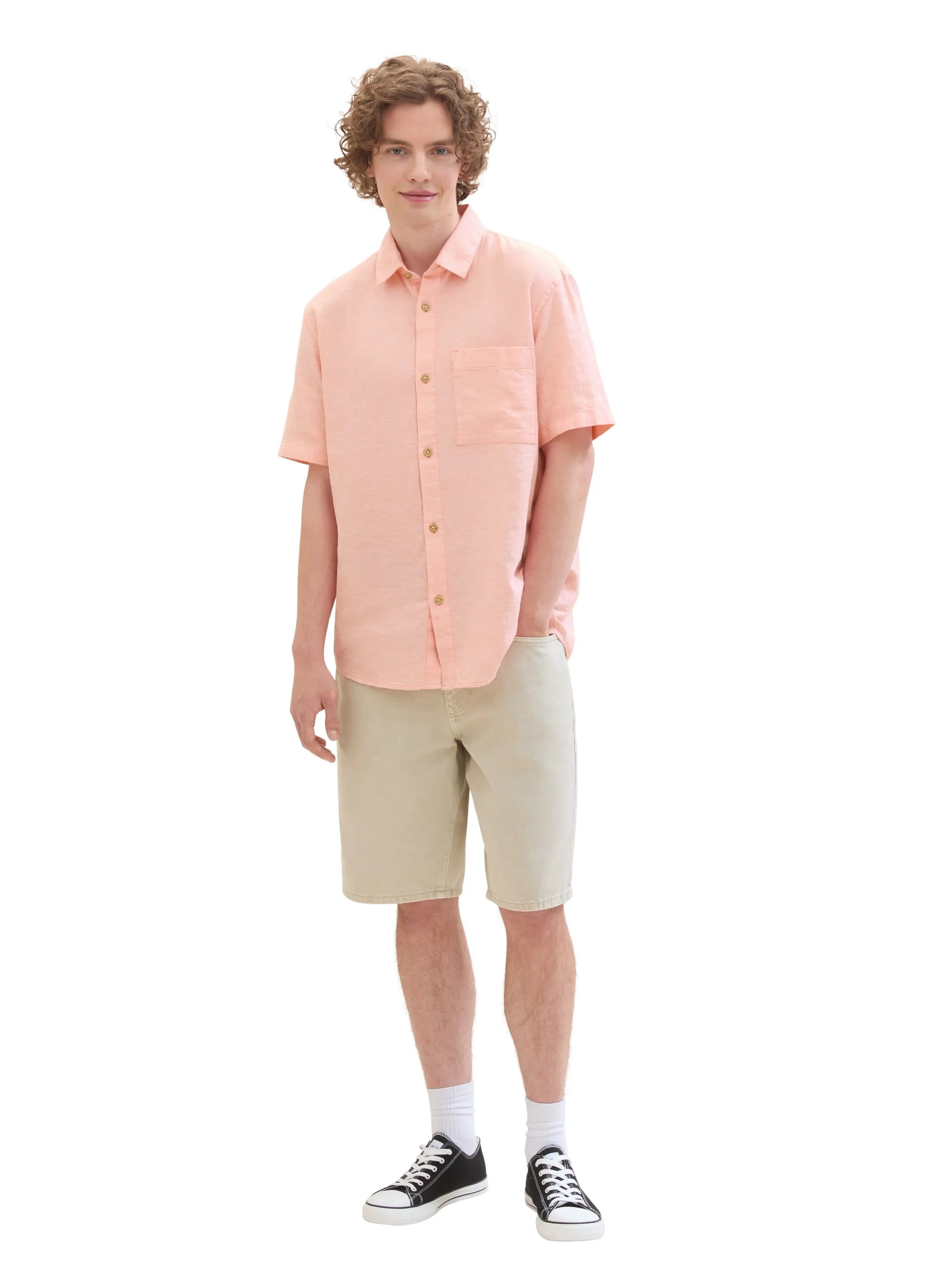 Denim Tom Tailor Clear Coral Herringbone Men Relaxed Fit Short-Sleeved Dress Shirt SKU: 1041397_35704 Image 02