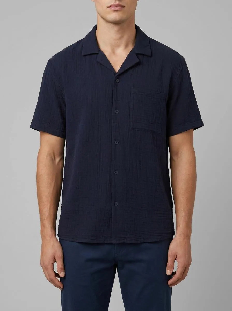 Denim Tom Tailor Sky Captain Blue Men Relaxed Muslin Short-Sleeved Shirt SKU: 1041404_10668 Image 00