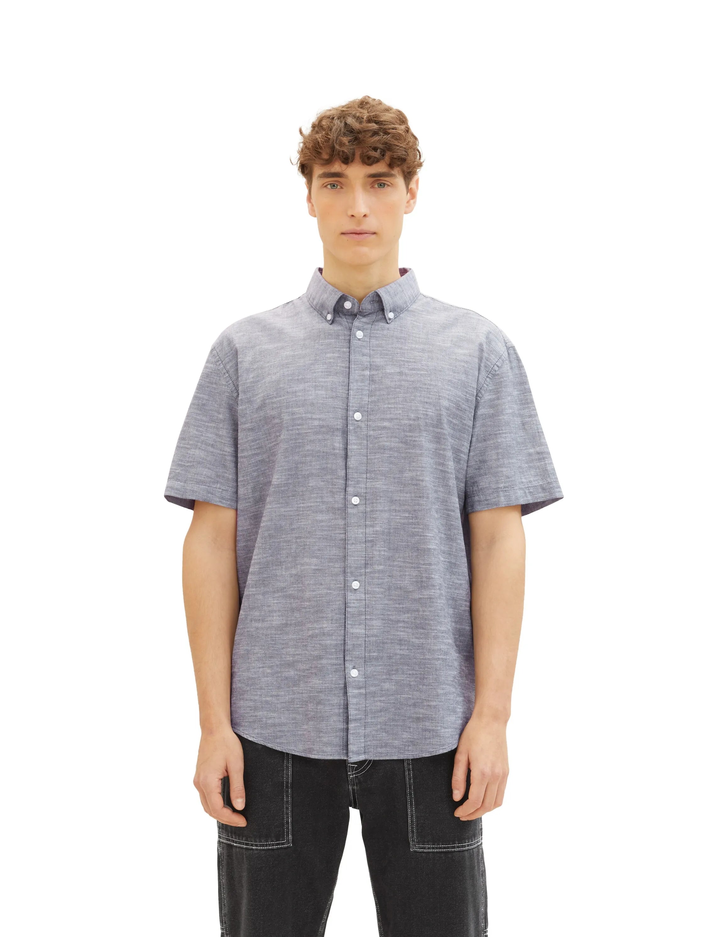 Denim Tom Tailor Coal Grey White Chambray Men Basic Short-Sleeved Shirt SKU: 1042120_29676 Image 05