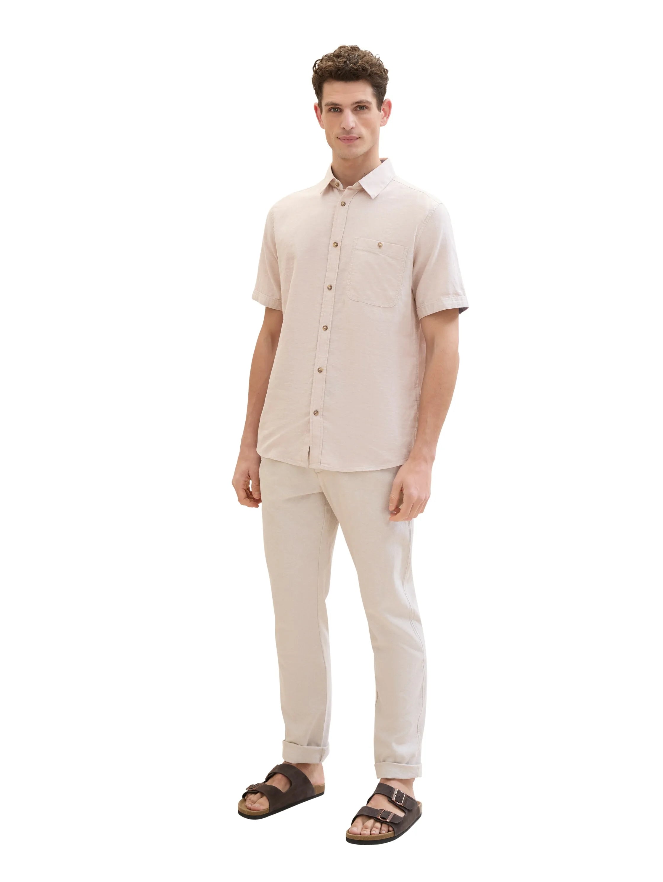 Tom Tailor Caramel Beige Chambray Men Regular Short-Sleeved Shirt SKU: 1042351_31235 Image 02