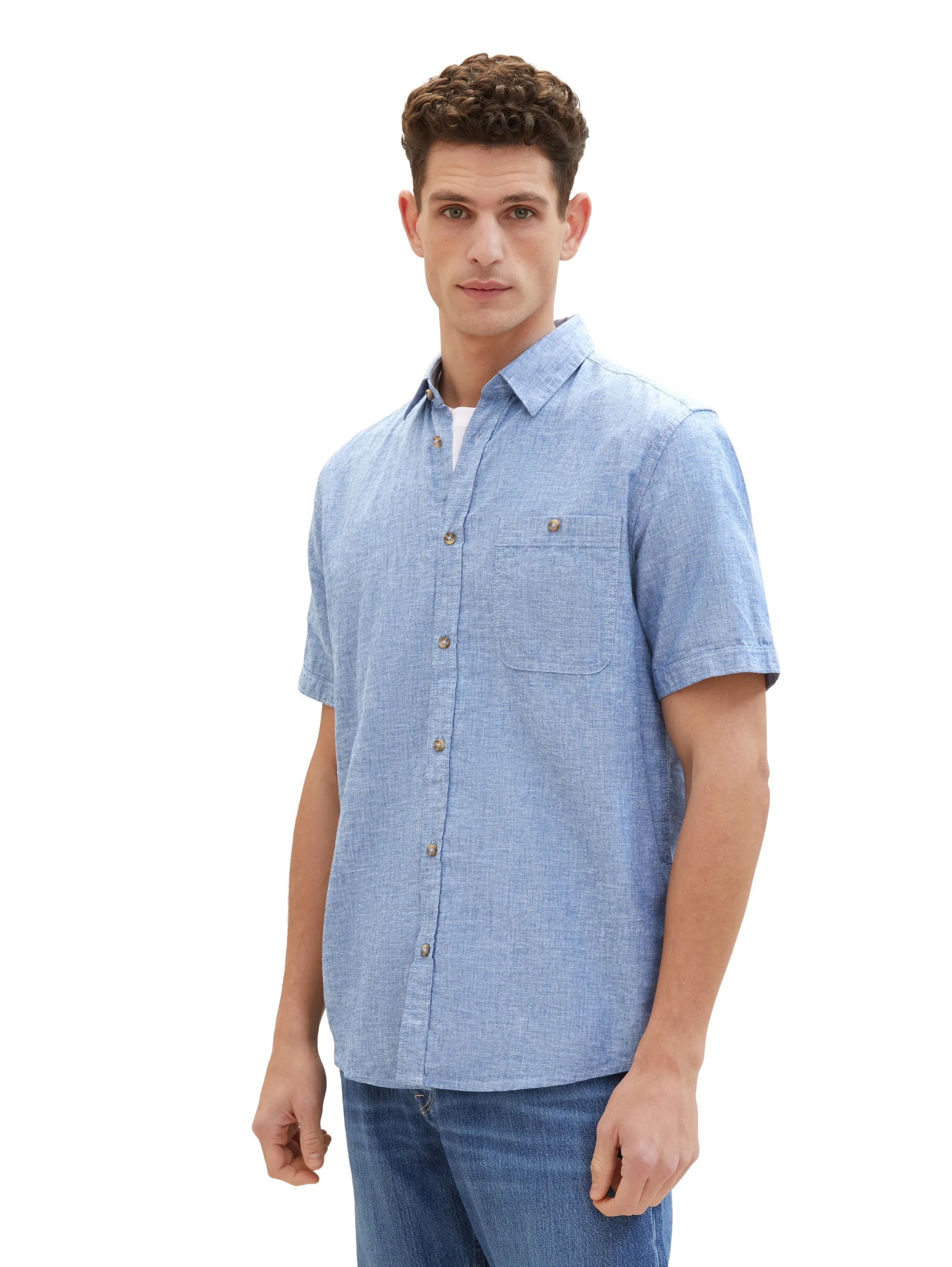 Tom Tailor Leasure Blue Chambray Men Regular Short-Sleeved Shirt SKU: 1042351_34922 Image 05